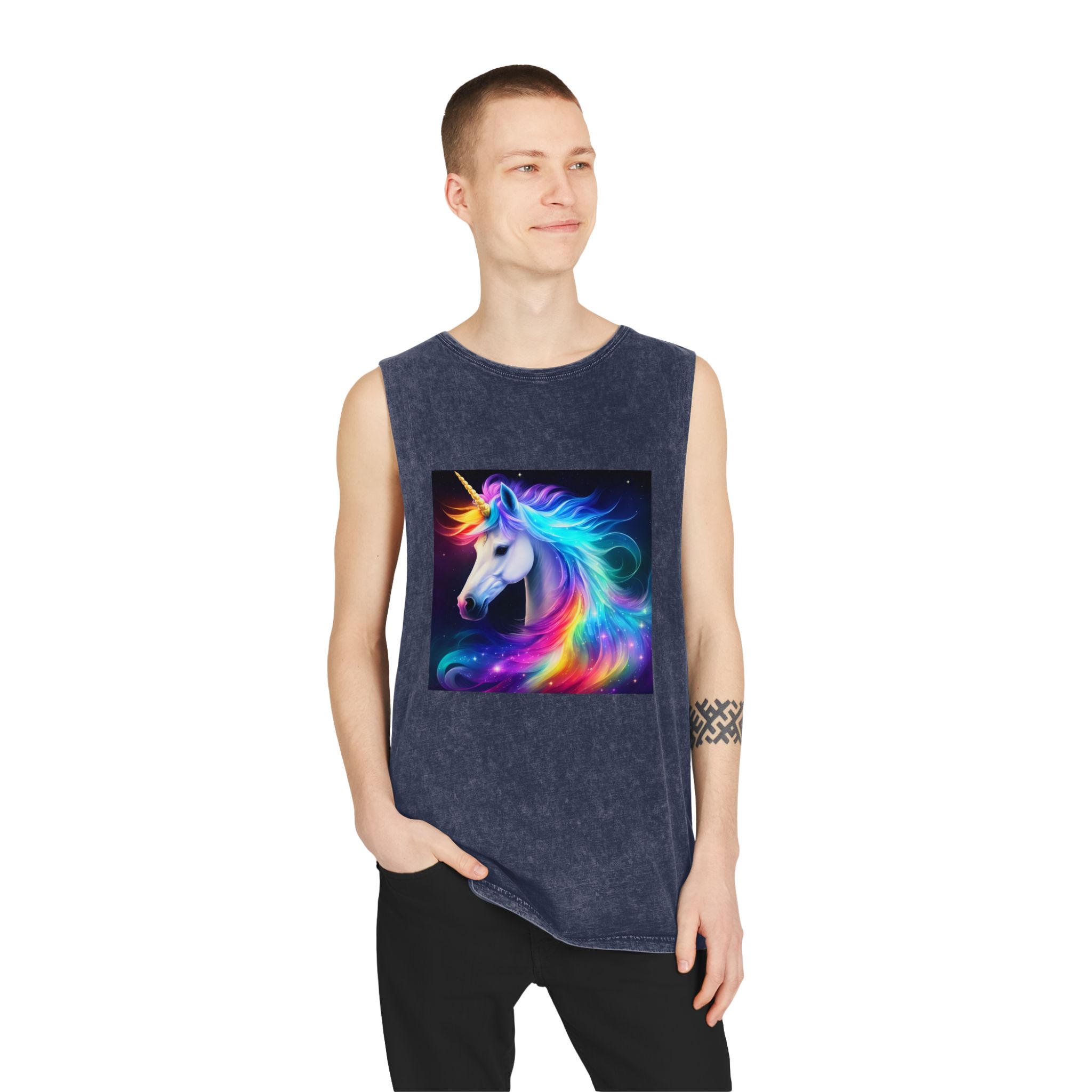 Portrait Unicorn Isolated Stars Background Generative Artificial Intelligence Unisex Stonewash Tank Top - Image 15