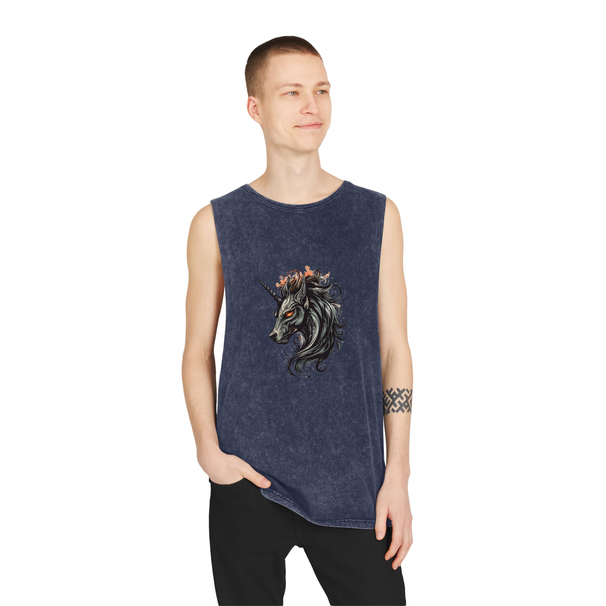 Unicorn Head Tshirt Tattoo Design Dark Art Illustration Isolated White (3) Unisex Stonewash Tank Top - Image 15