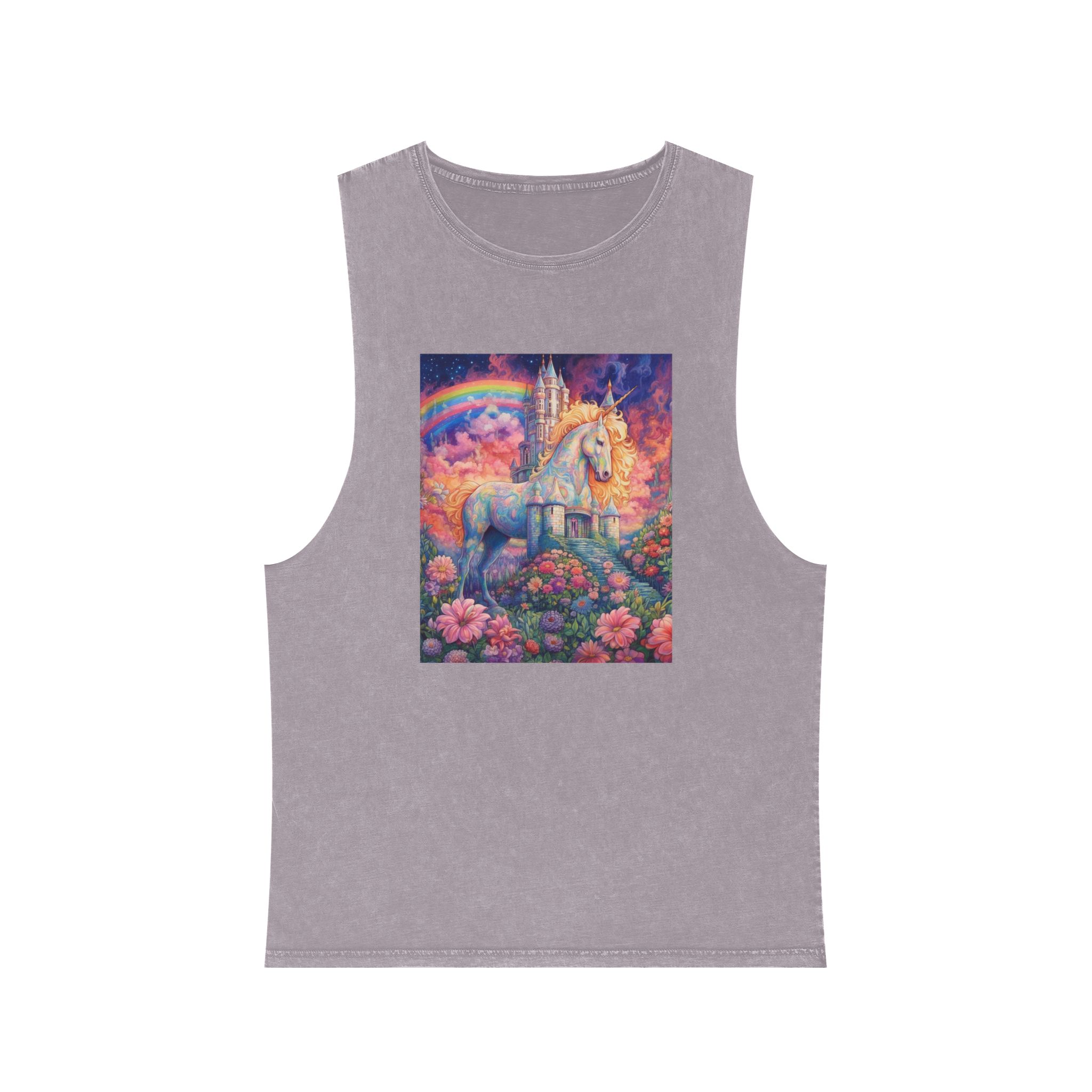 Painting Unicorn Field Flowers With Castle Background Generative Ai Unisex Stonewash Tank Top - Image 17
