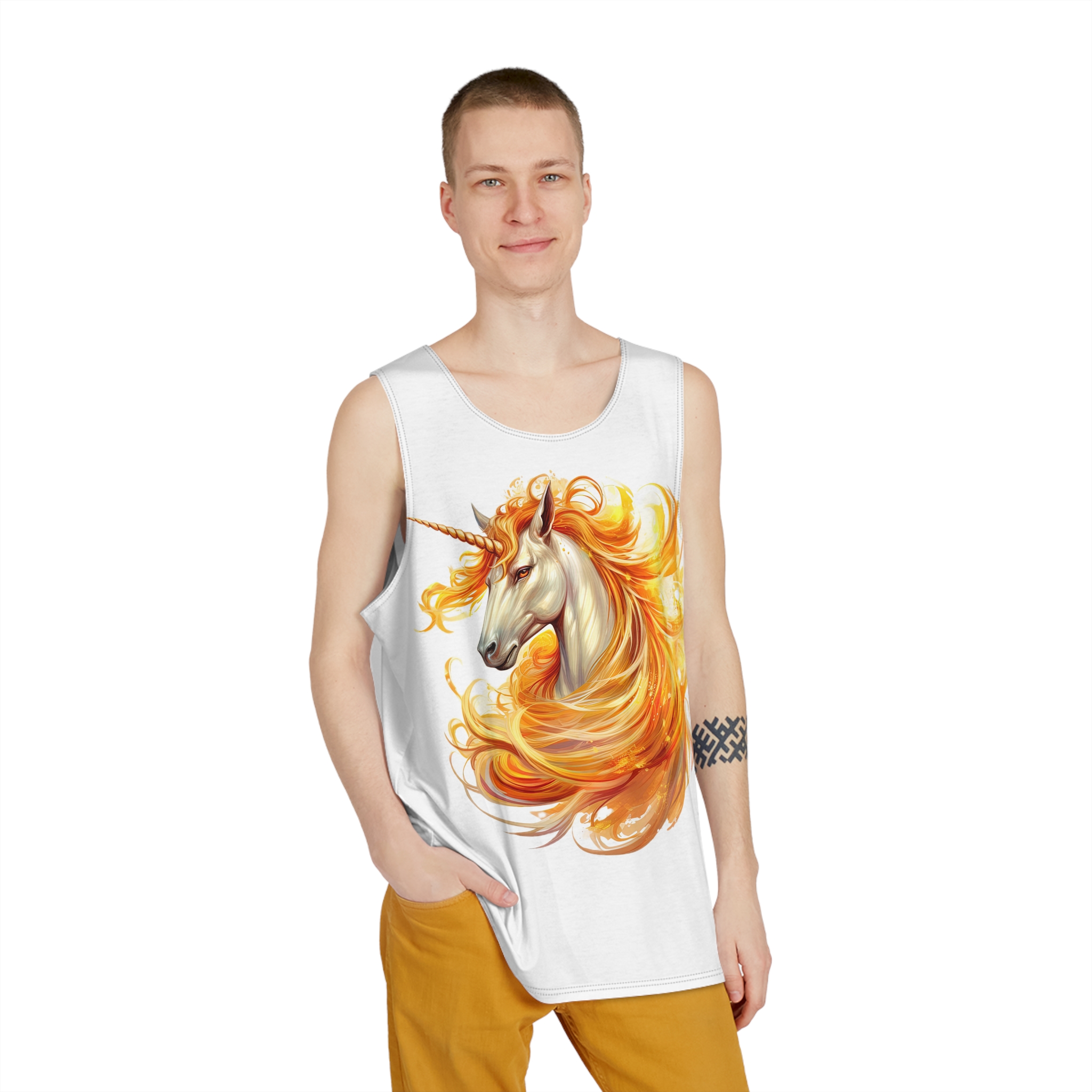 Unicorn With Yellow Mane Orange Orange Flames Mens Tank Aop - Image 3