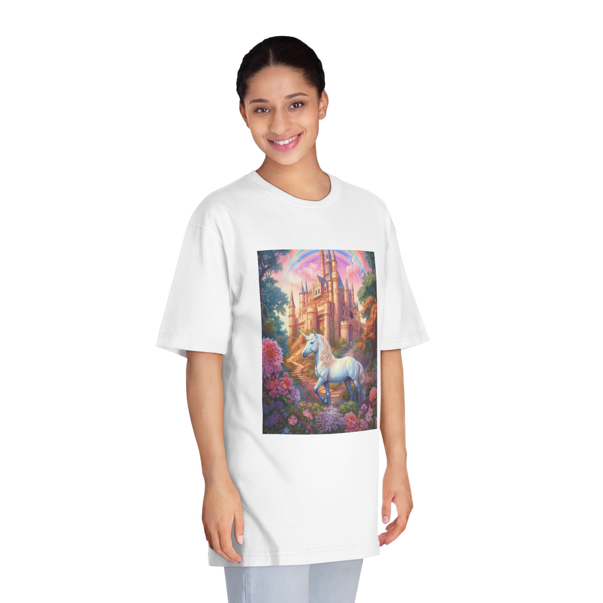 Painting Unicorn Front Castle With Rainbow Generative Ai Unisex Classic Crewneck T Shirt - Image 3
