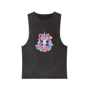 Cute Colorful Magic Unicorn With Flowers Watercolor Style (9) Unisex Stonewash Tank Top