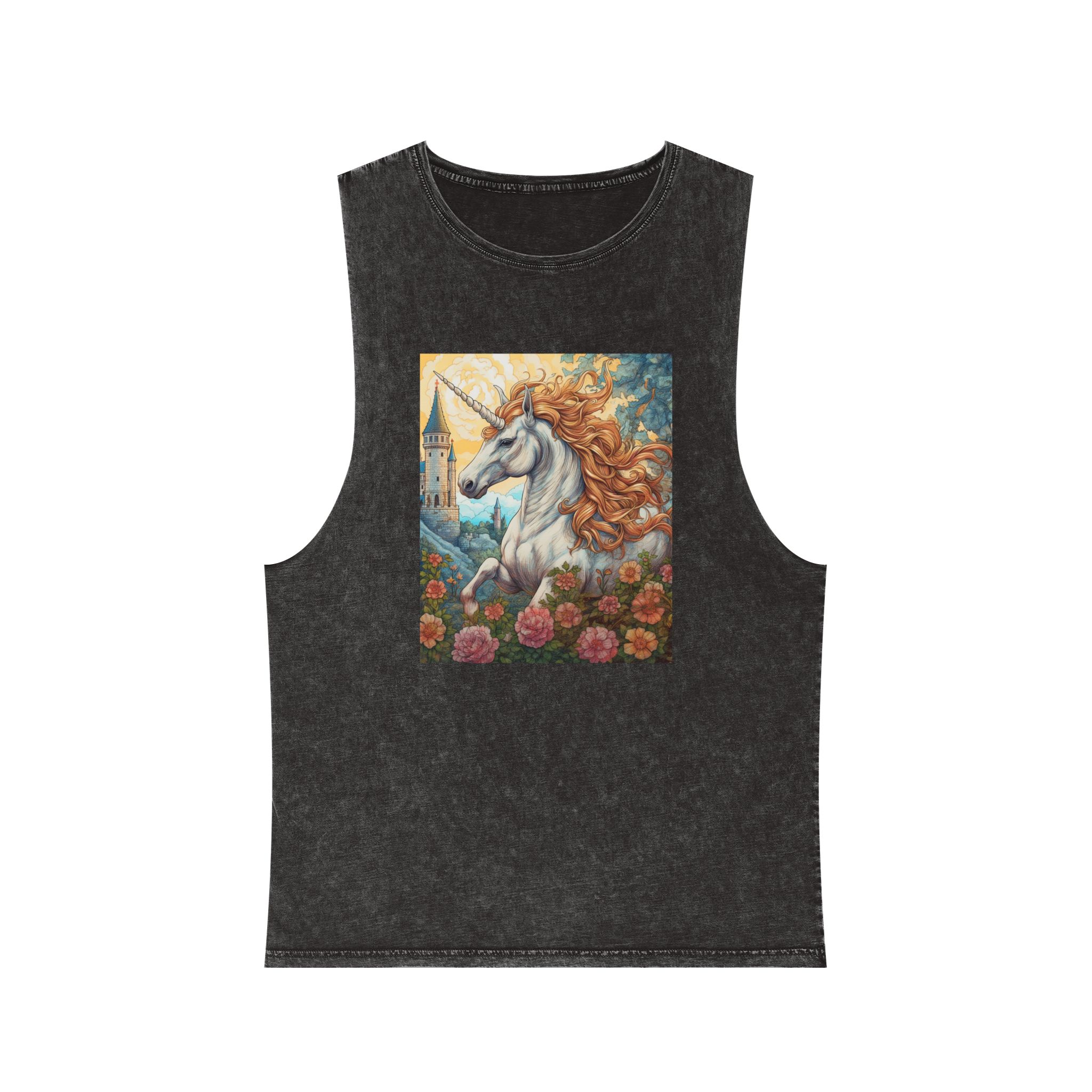 Painting Unicorn With Long Mane Castle Background Generative Ai Unisex Stonewash Tank Top