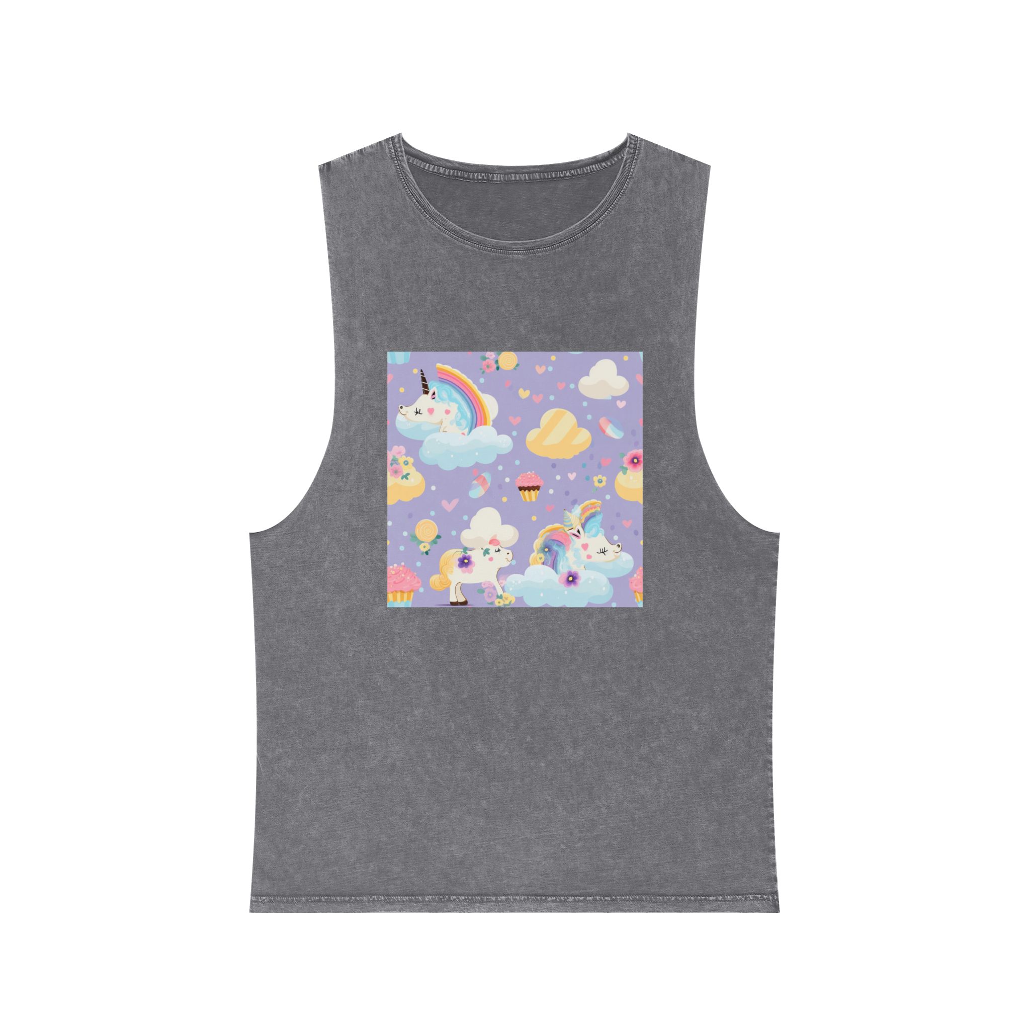Playful Unicorns Among Flowers Clouds Rainbows Ice Creams Pastel Background (4) Unisex Stonewash Tank Top - Image 9