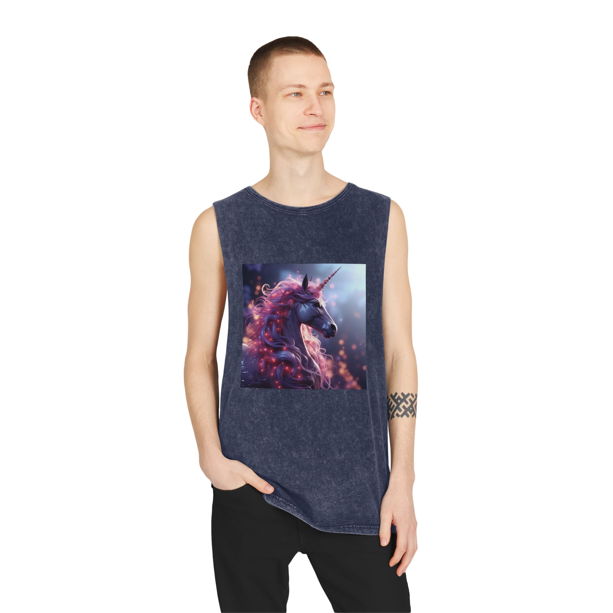 Pink 3d Mythical Unicorn With Lights Mane Unisex Stonewash Tank Top - Image 15