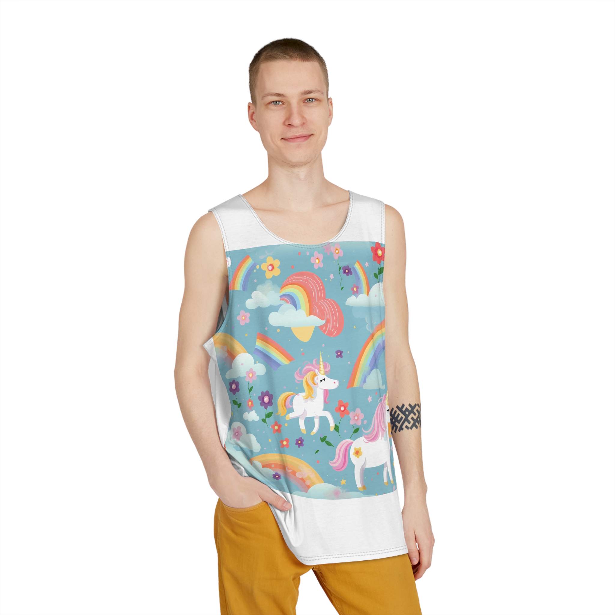 Playful Unicorns Among Flowers Clouds Rainbows Ice Creams Pastel Background (9) Mens Tank Aop - Image 3