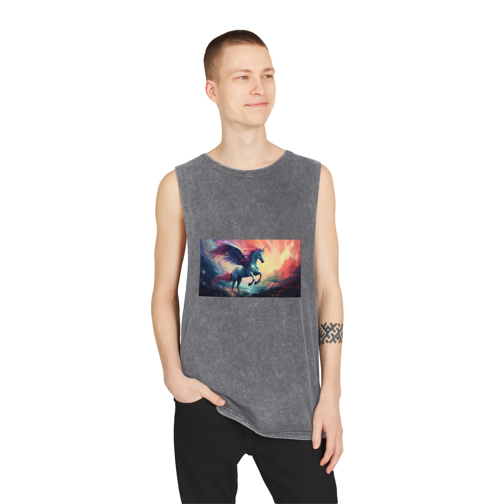 Painting Unicorn With Wings Flying Lake Generative Ai Unisex Stonewash Tank Top - Image 11