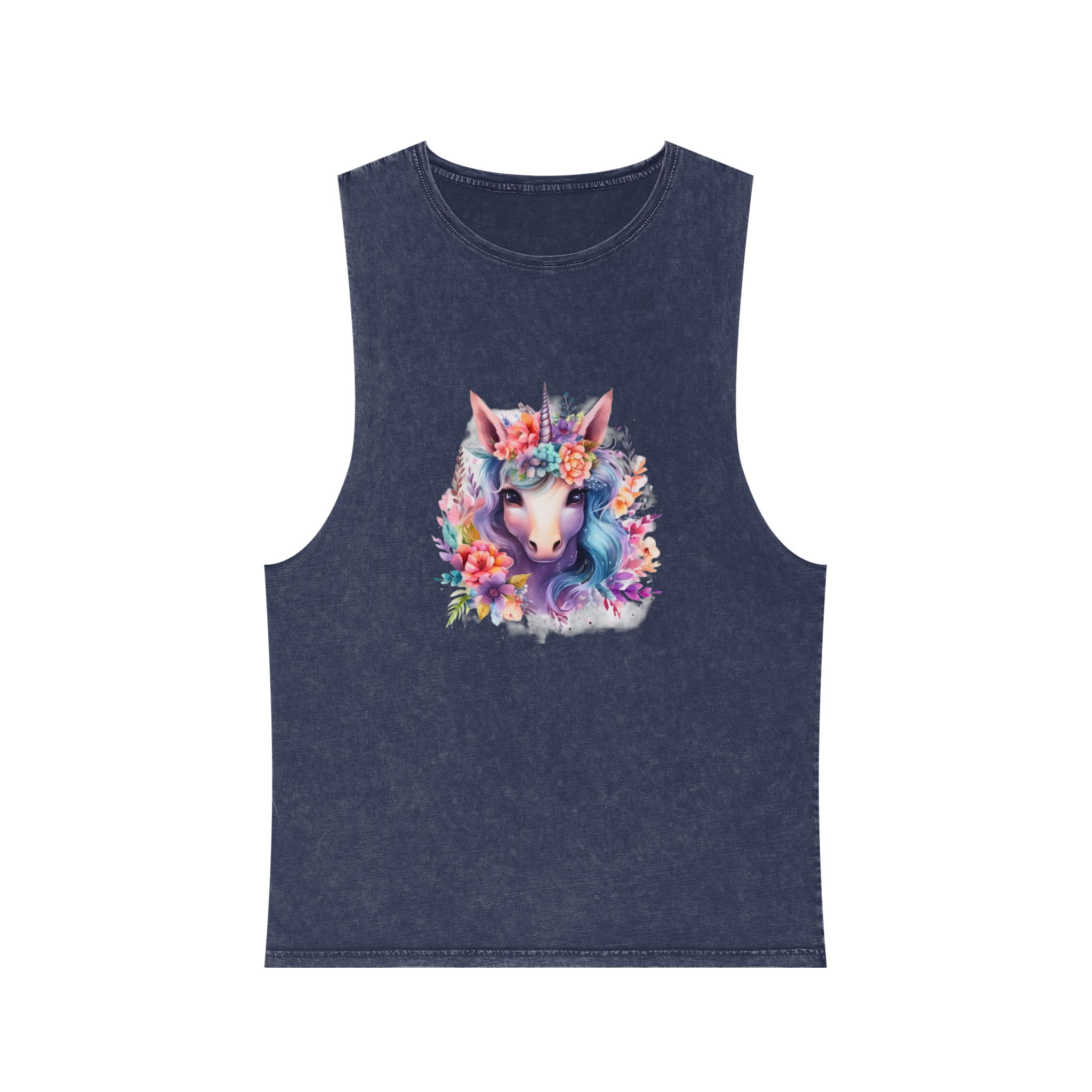 Cute Colorful Magic Unicorn With Flowers Watercolor Style (5) Unisex Stonewash Tank Top - Image 13