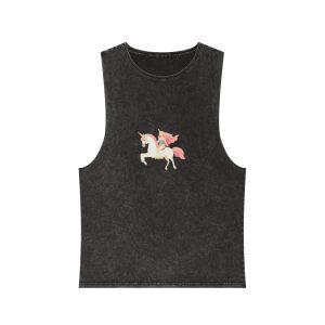 Magical Illustration Cute Siren Woman Riding Unicorn Wide Angle View Unisex Stonewash Tank Top