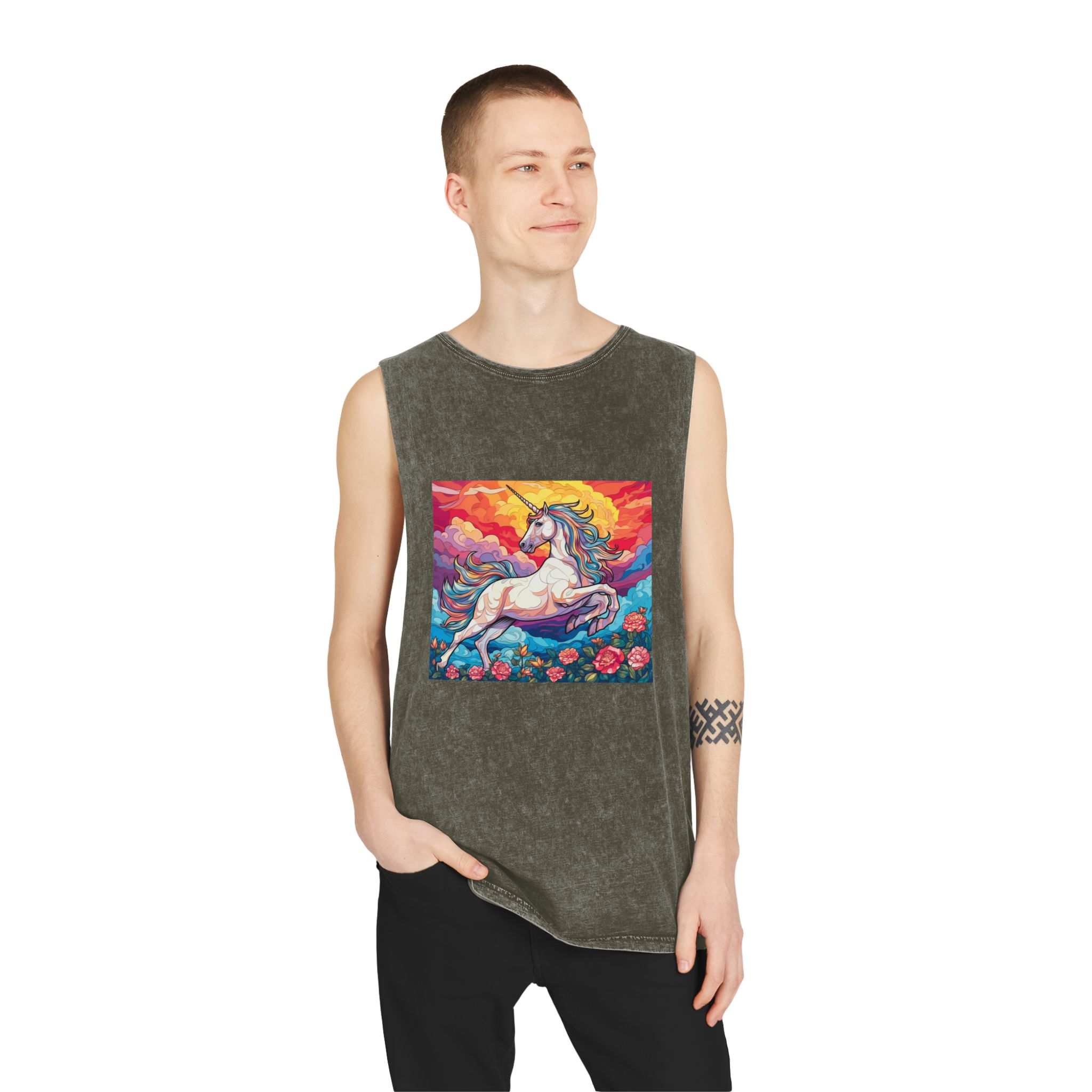 Unicorn Sky With Flowers Clouds Generative Ai Unisex Stonewash Tank Top - Image 7