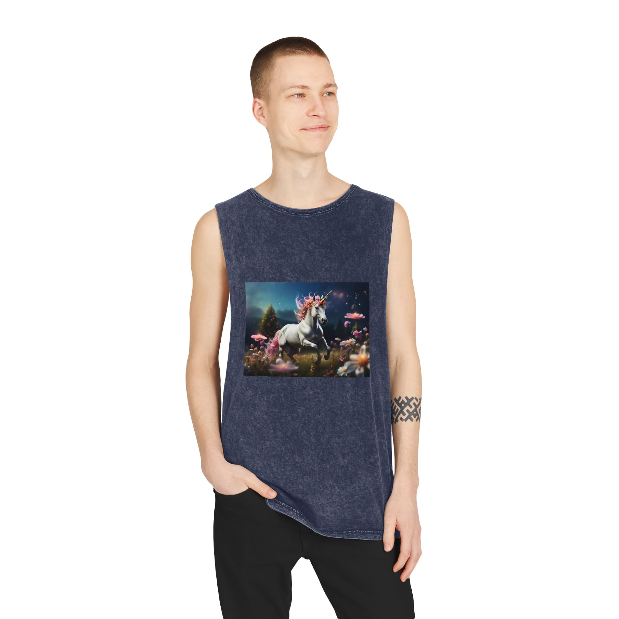 Beautiful Unicorn Running Magical Meadow Unicorn Background Images Whimsical Unicorn (23) Unisex Stonewash Tank Top - Image 15