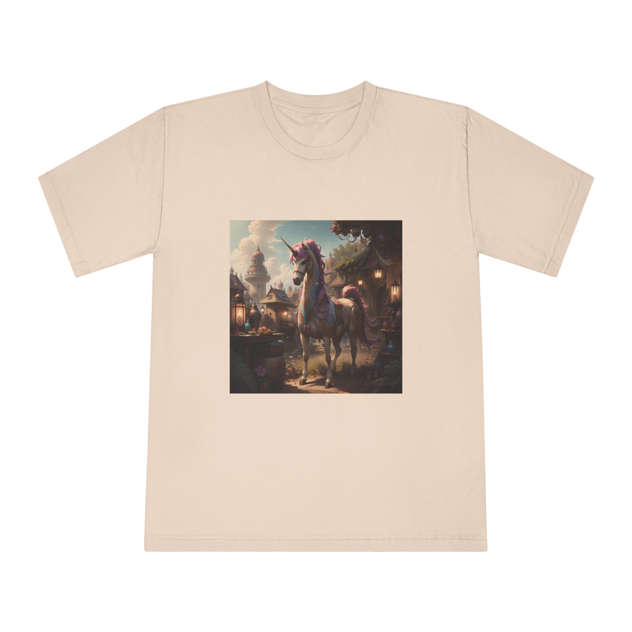 Unicorn With Purple Mane Stands Front Small Town With Lamp Post Unisex Classic Crewneck T Shirt - Image 9
