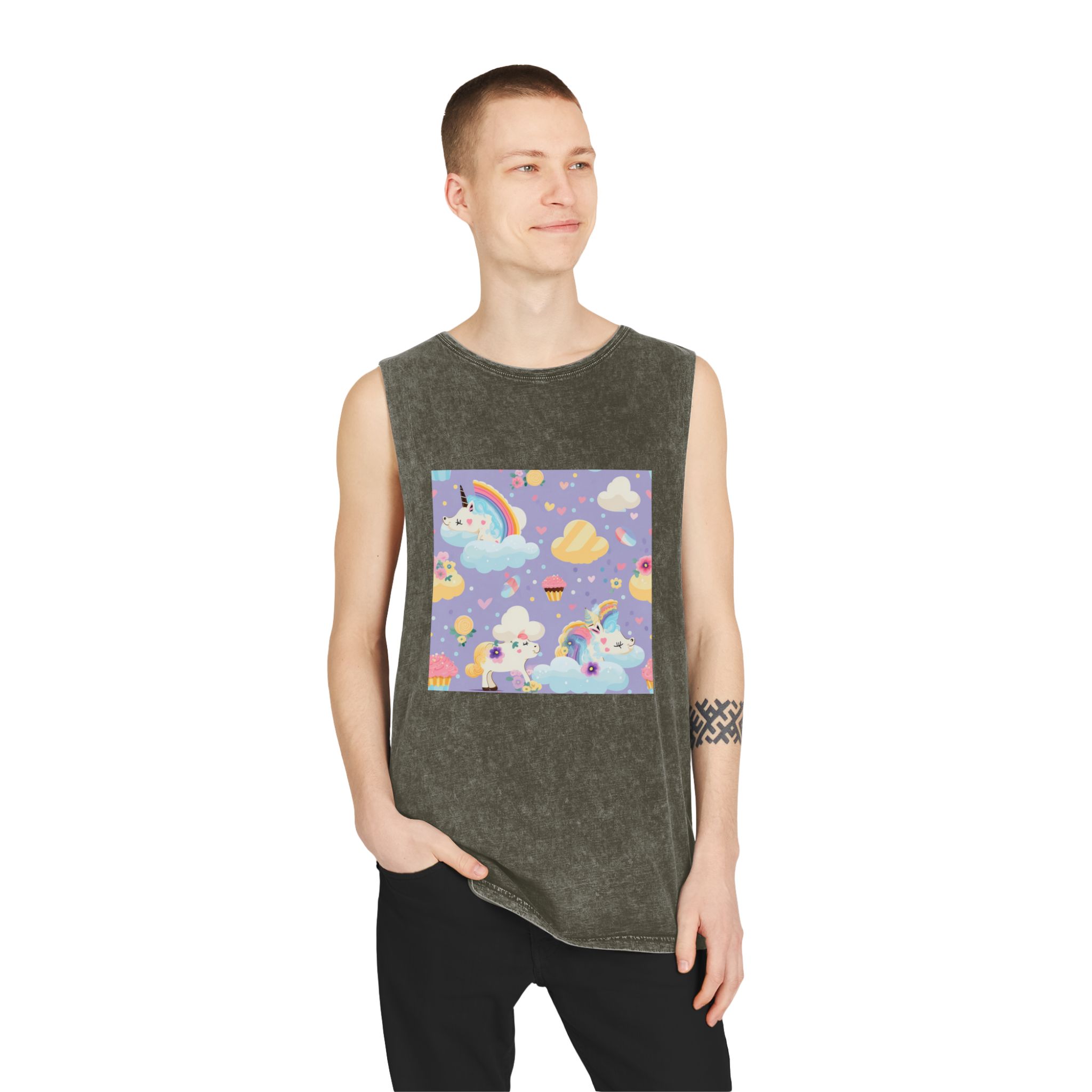 Playful Unicorns Among Flowers Clouds Rainbows Ice Creams Pastel Background (4) Unisex Stonewash Tank Top - Image 7