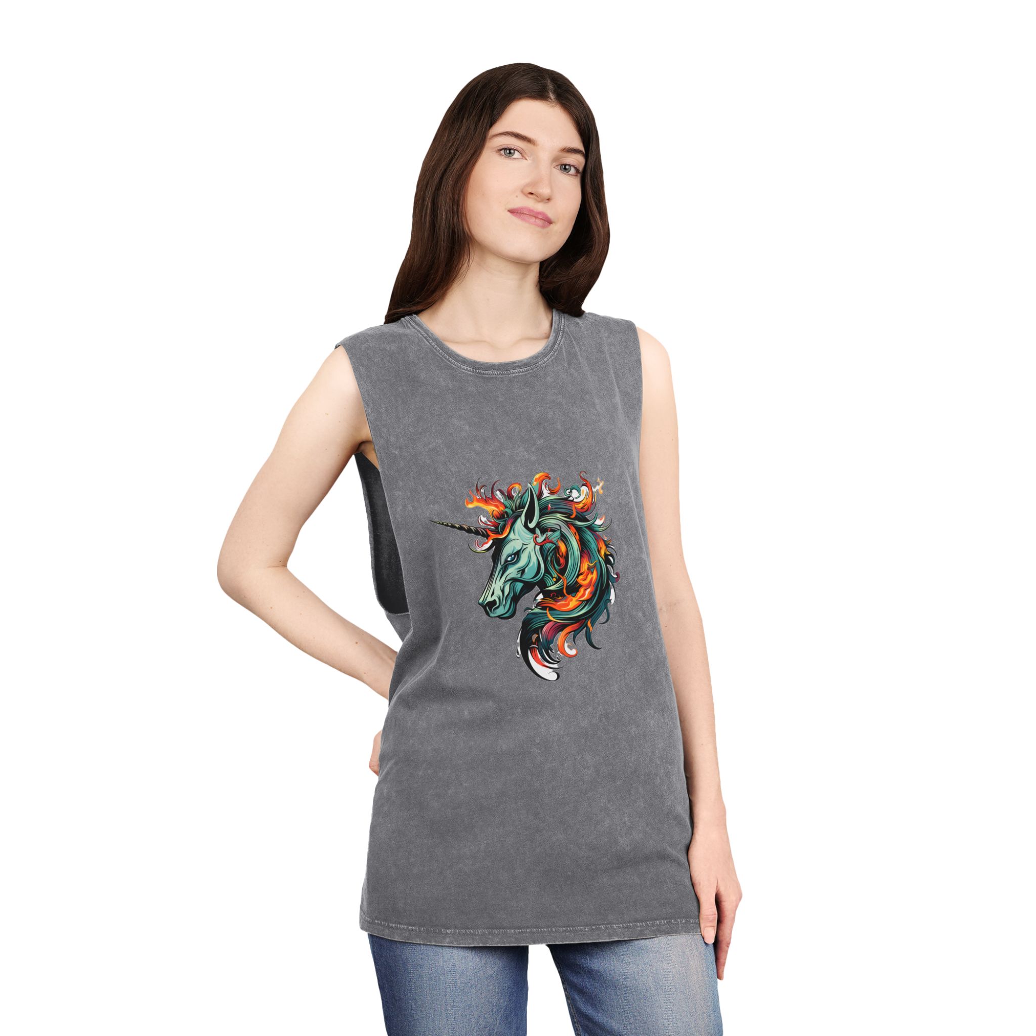 Unicorn Head Tshirt Tattoo Design Dark Art Illustration Isolated White (1) Unisex Stonewash Tank Top - Image 12