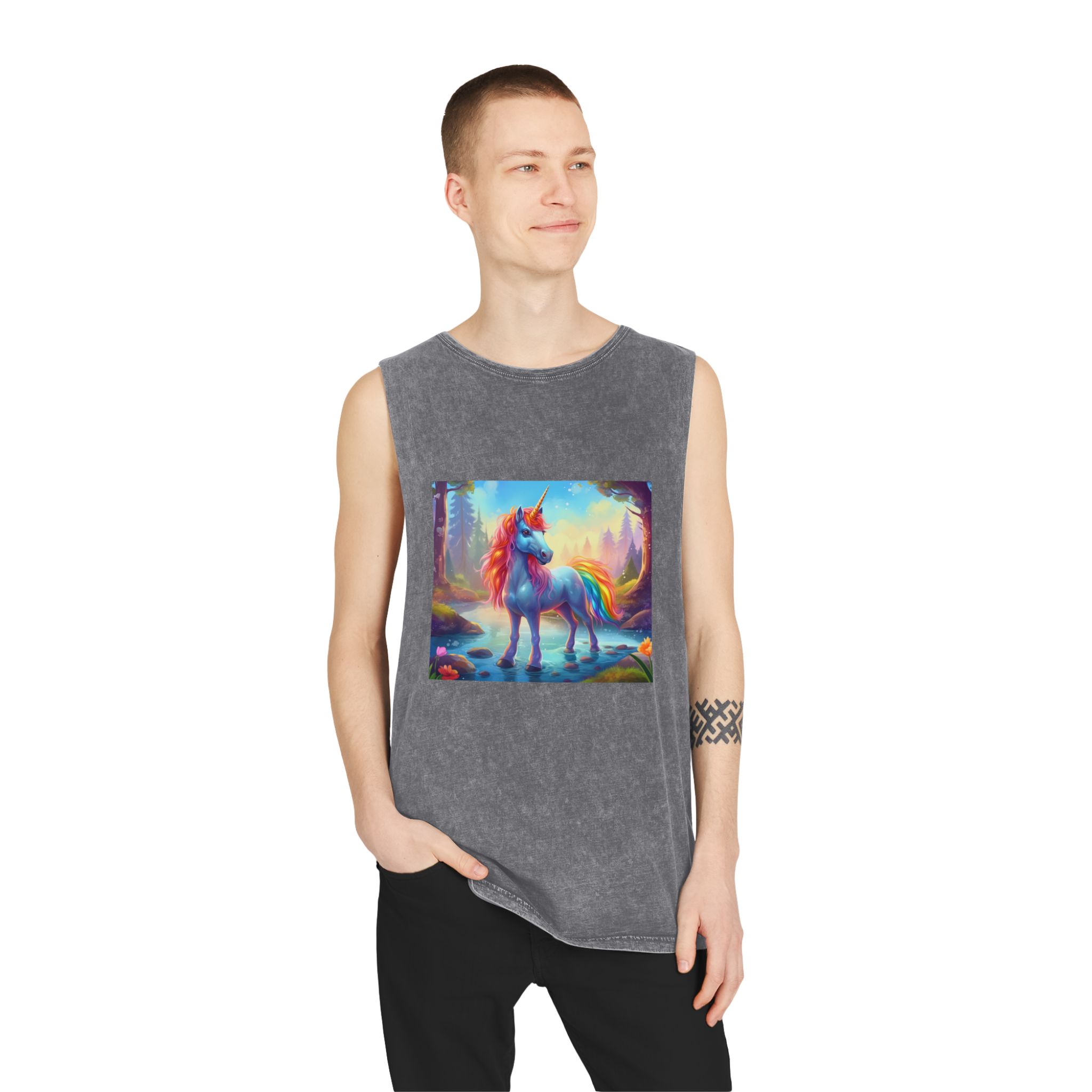 Unicorn Standing Stream Water Forest Generative Ai Unisex Stonewash Tank Top - Image 11