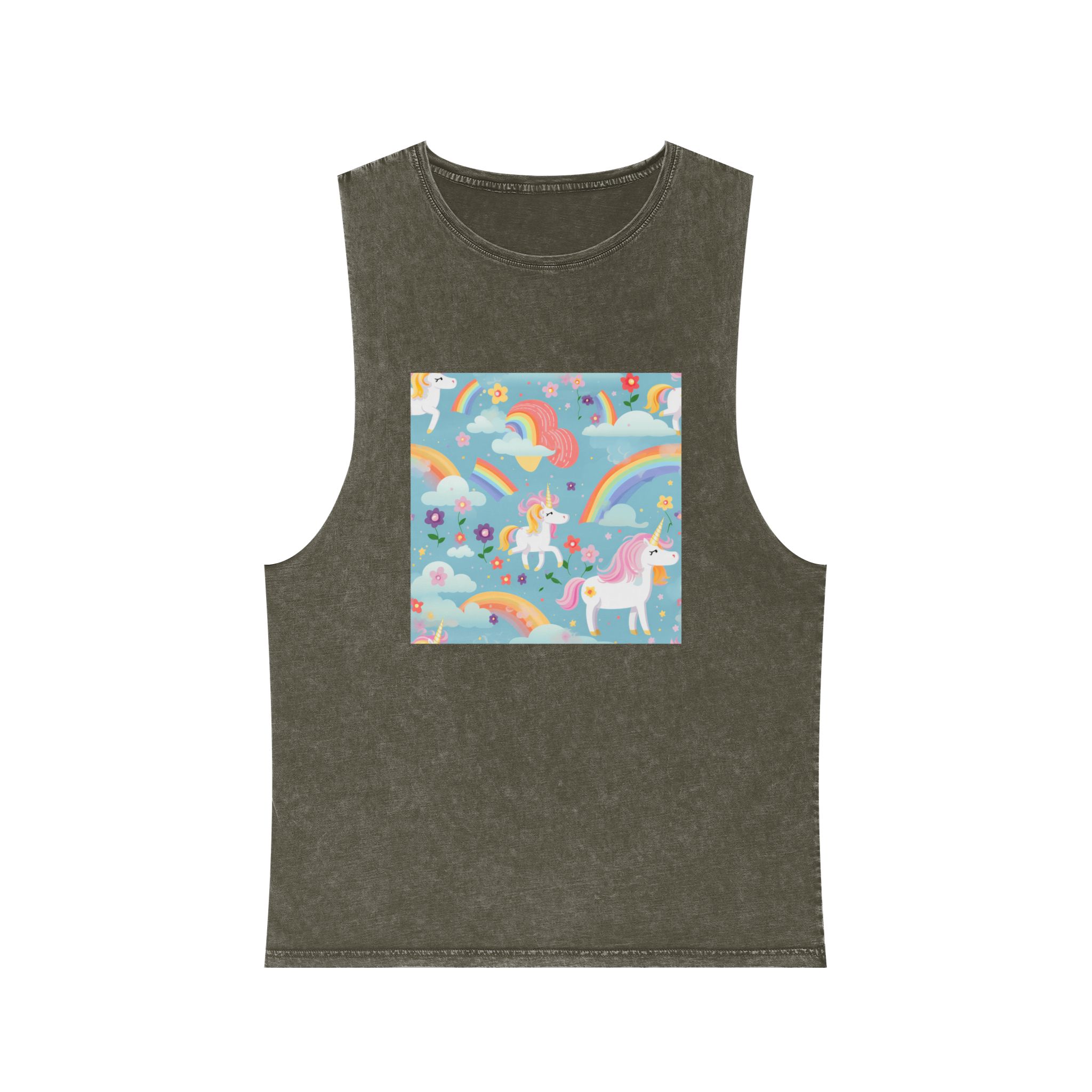 Playful Unicorns Among Flowers Clouds Rainbows Ice Creams Pastel Background (9) Unisex Stonewash Tank Top - Image 5