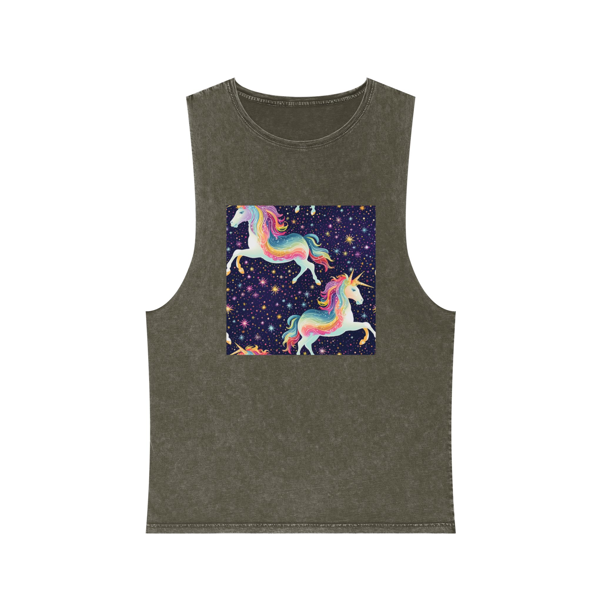 Seamless Pattern With Unicorns Stars Dark Background Generative Ai Unisex Stonewash Tank Top - Image 5