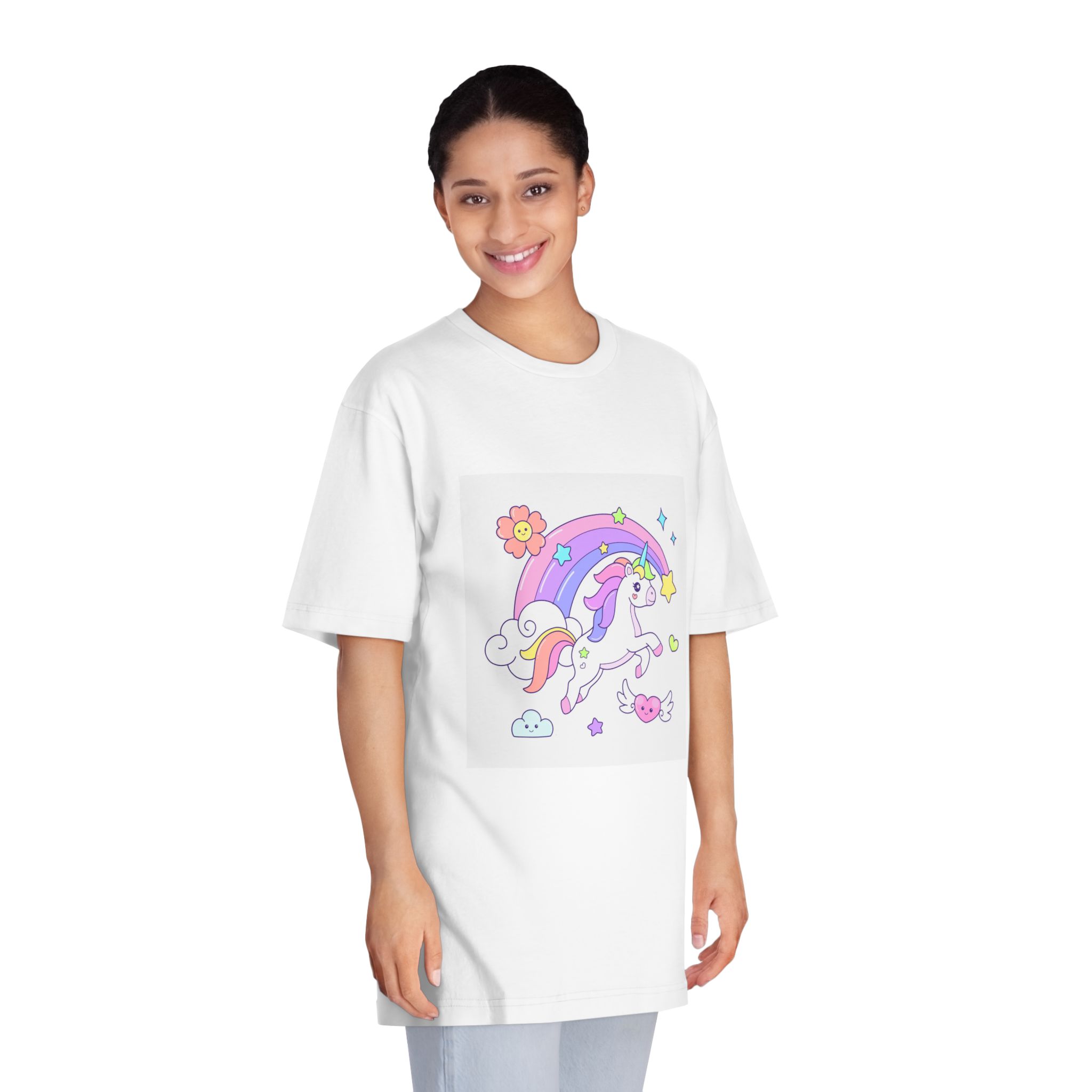 Cute Unicorn Flying Over the Rainbow Illustration Unisex Classic Crewneck T Shirt - Image 3