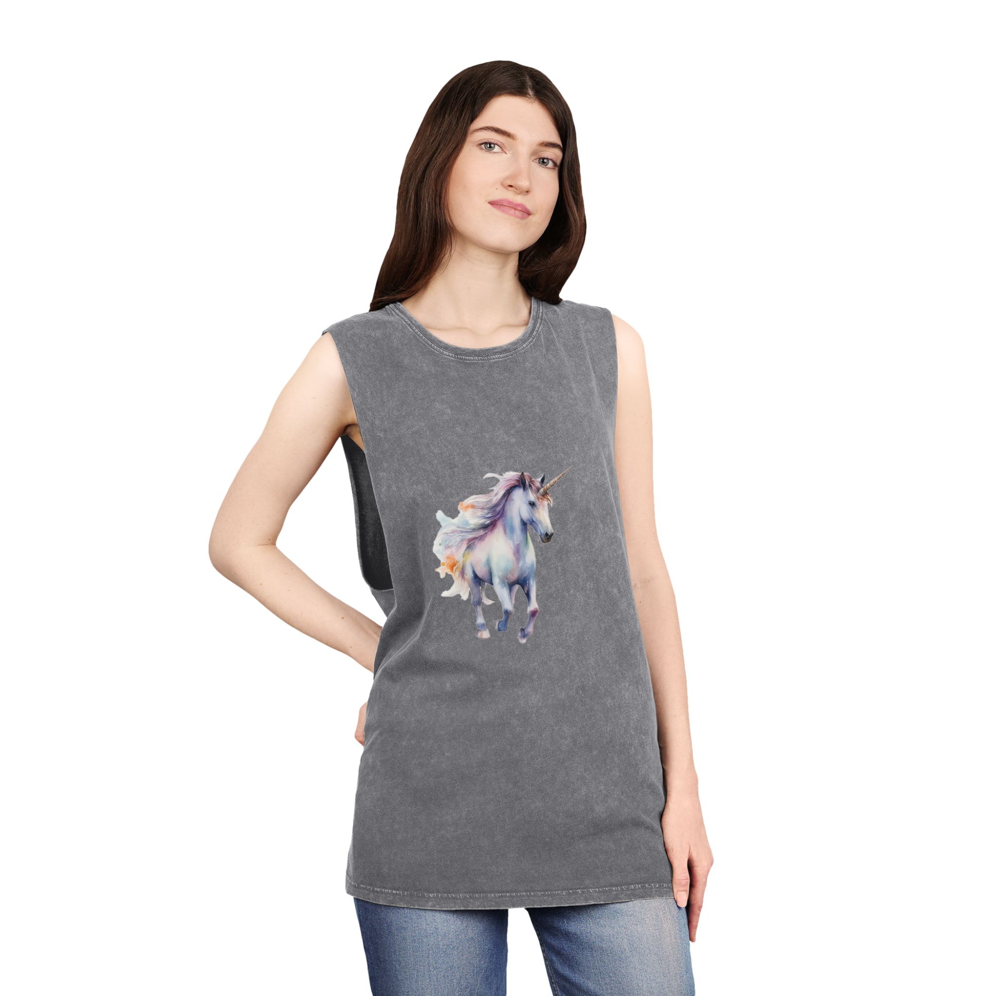 Painting Unicorn With Long Mane Colorful Mane Generative Ai (4) Unisex Stonewash Tank Top - Image 12