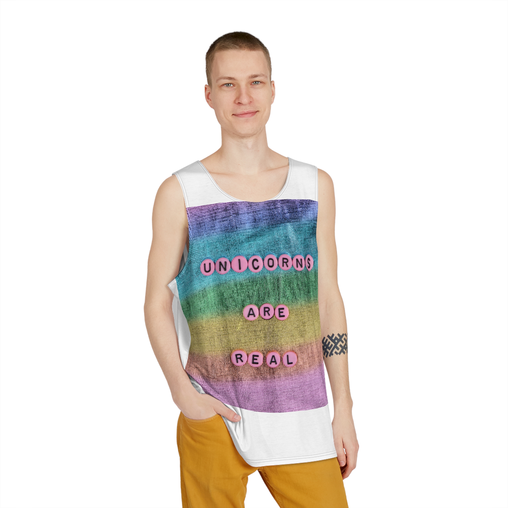 Pink Unicorns Are Real Beads Message Typography Mens Tank Aop - Image 3