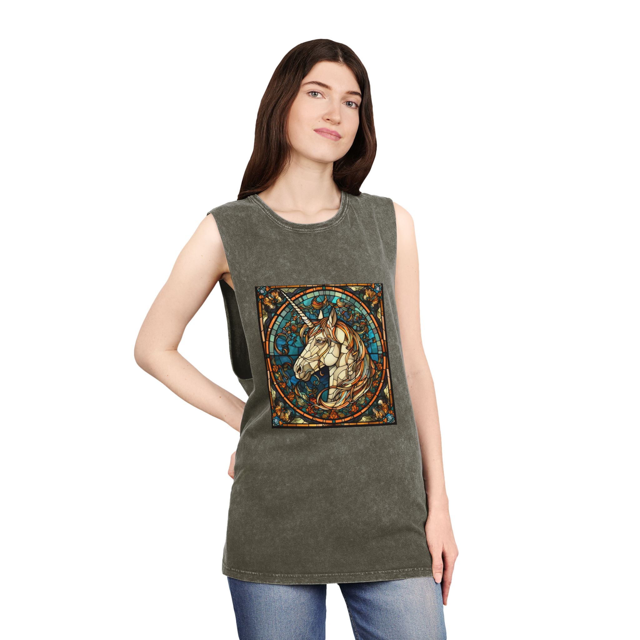 Stained Glass Unicorn Fantasy Unisex Stonewash Tank Top - Image 8