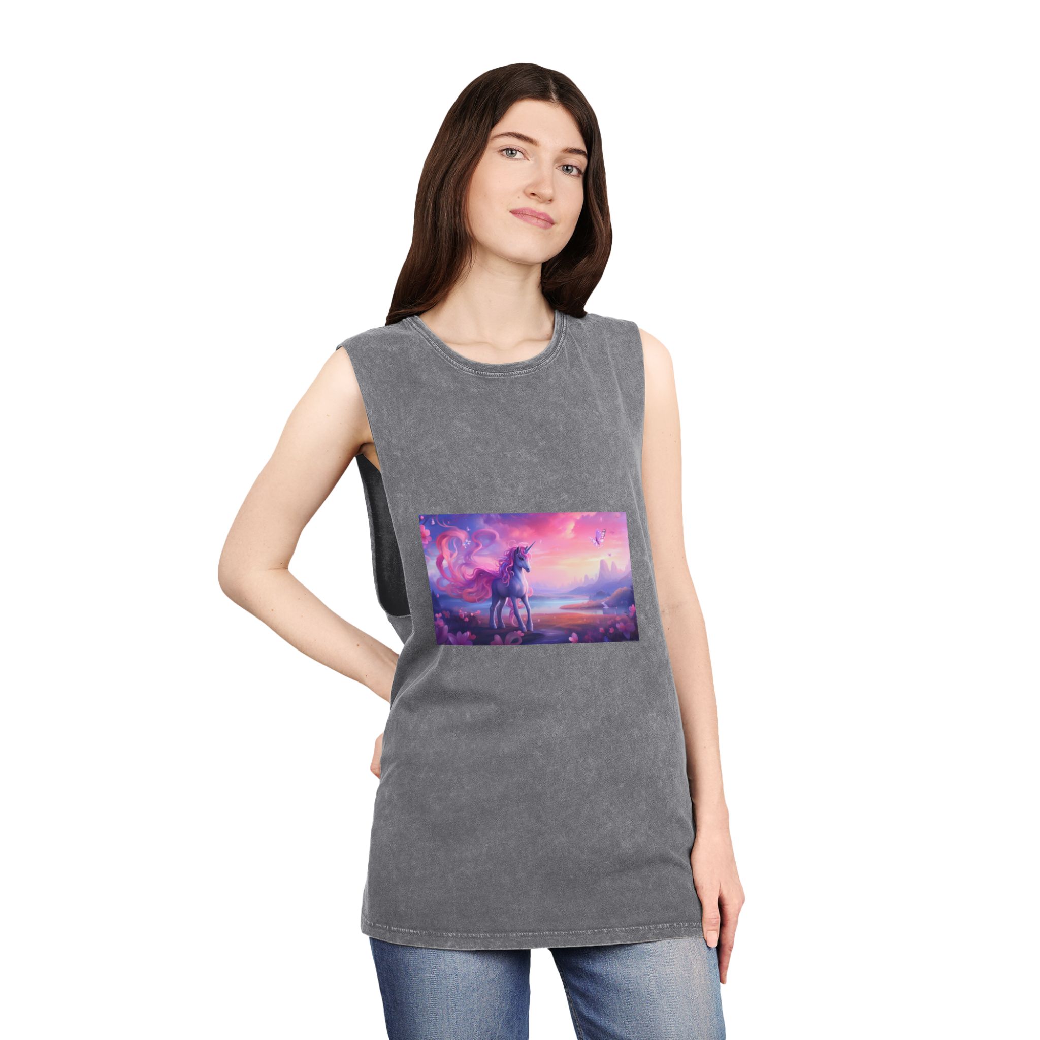Unicorn Standing Field Flowers With Butterflies Flying Around Generative Ai Unisex Stonewash Tank Top - Image 12