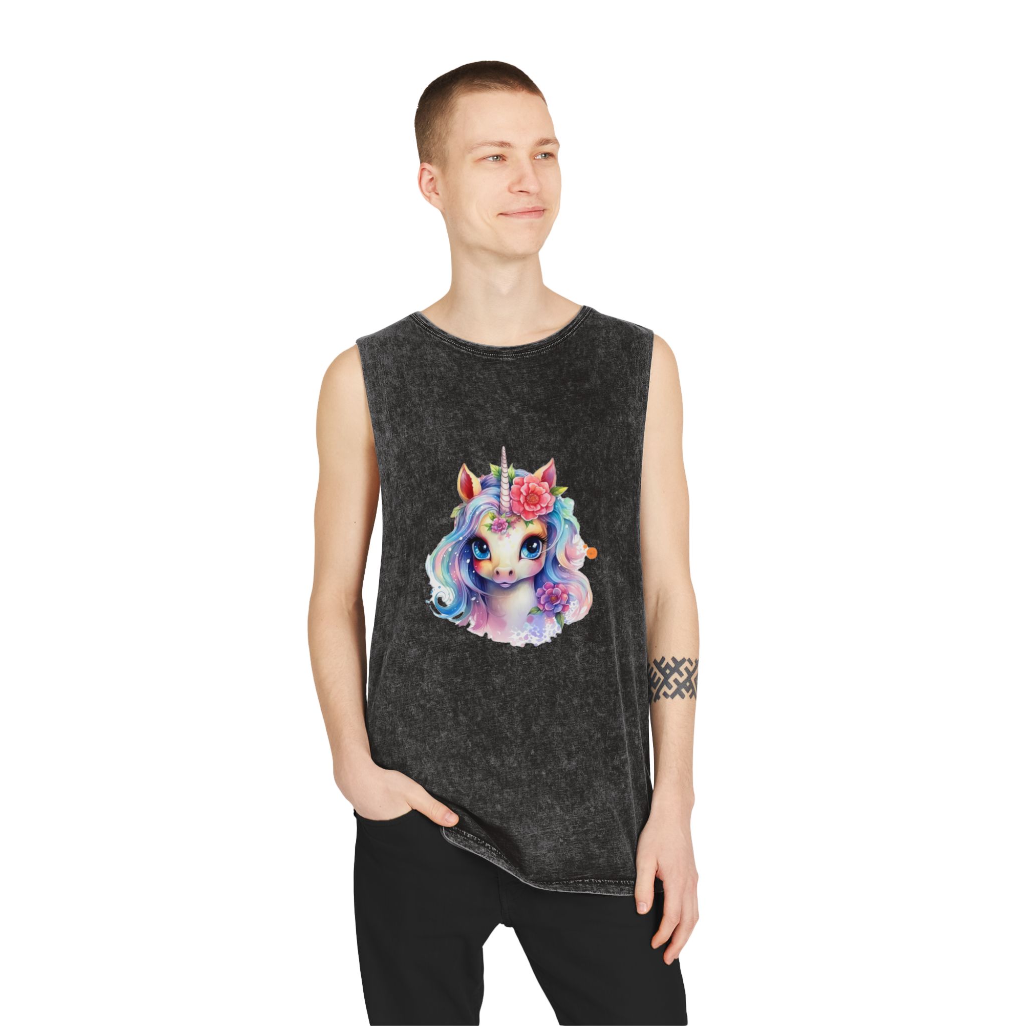 Cute Colorful Magic Unicorn With Flowers Watercolor Style (8) Unisex Stonewash Tank Top - Image 3