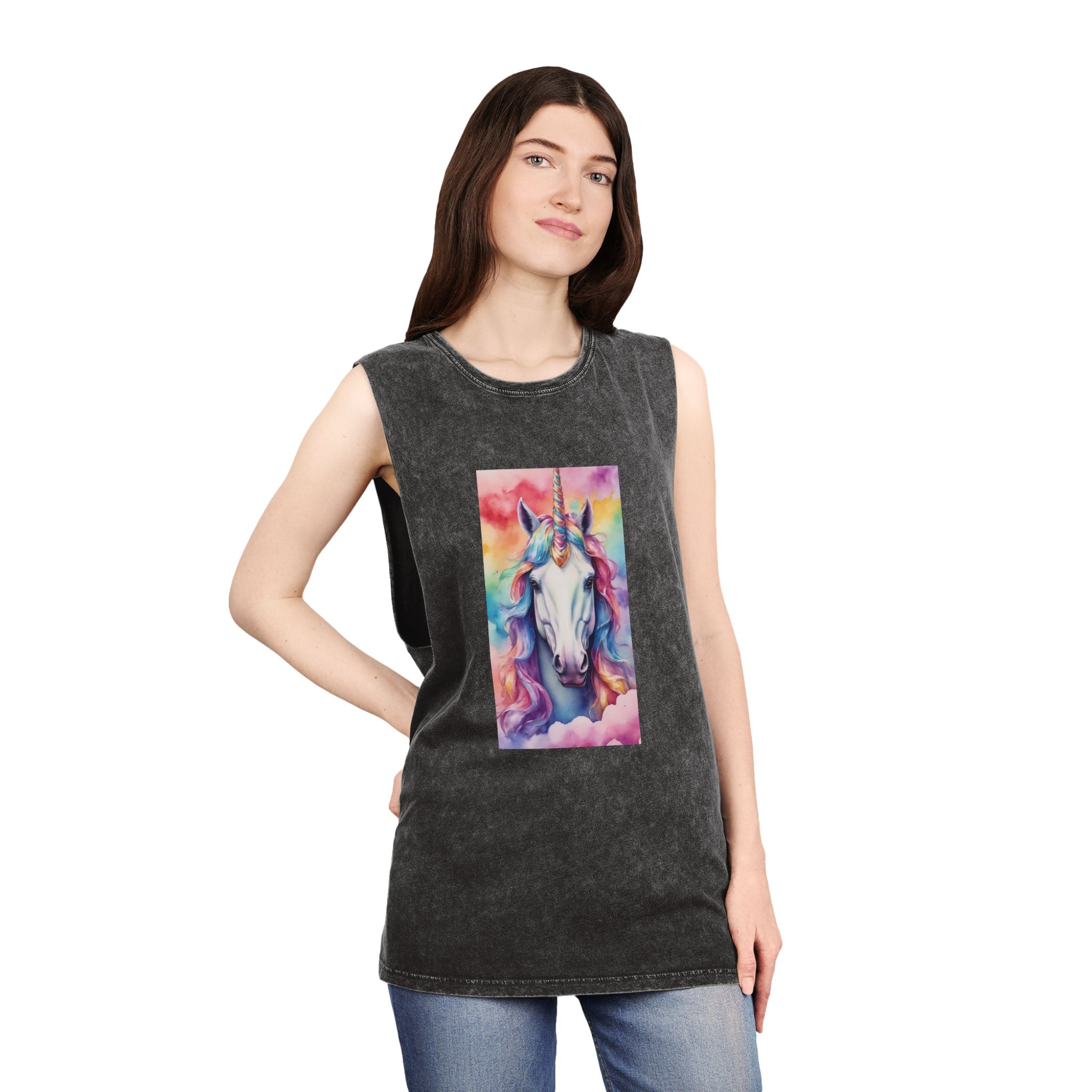 Rainbow Pastel Unicorn Candy Watercolor Background Social Media Template Etc Unisex Stonewash Tank Top - Image 4