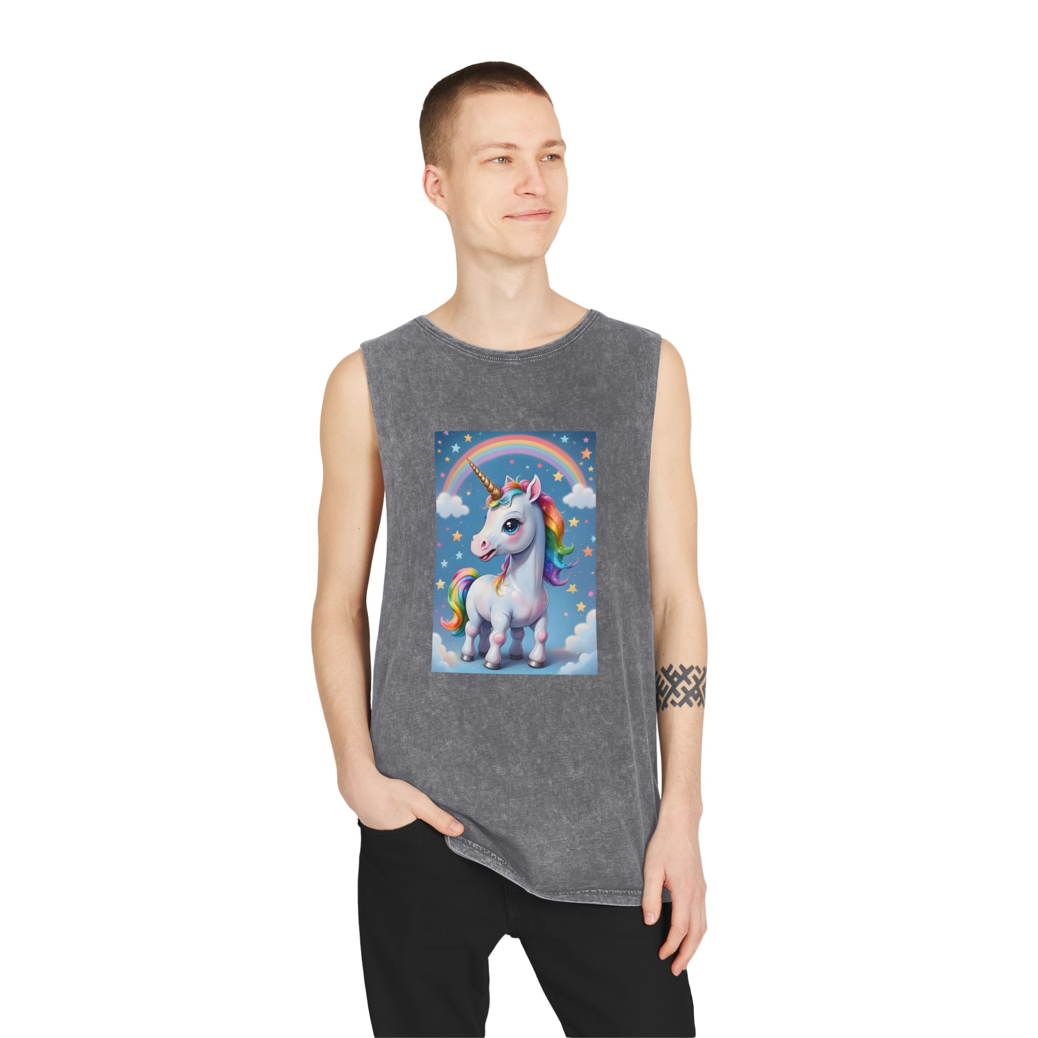 Happy Unicorn Background Sky Rainbow Copy Unisex Stonewash Tank Top - Image 11
