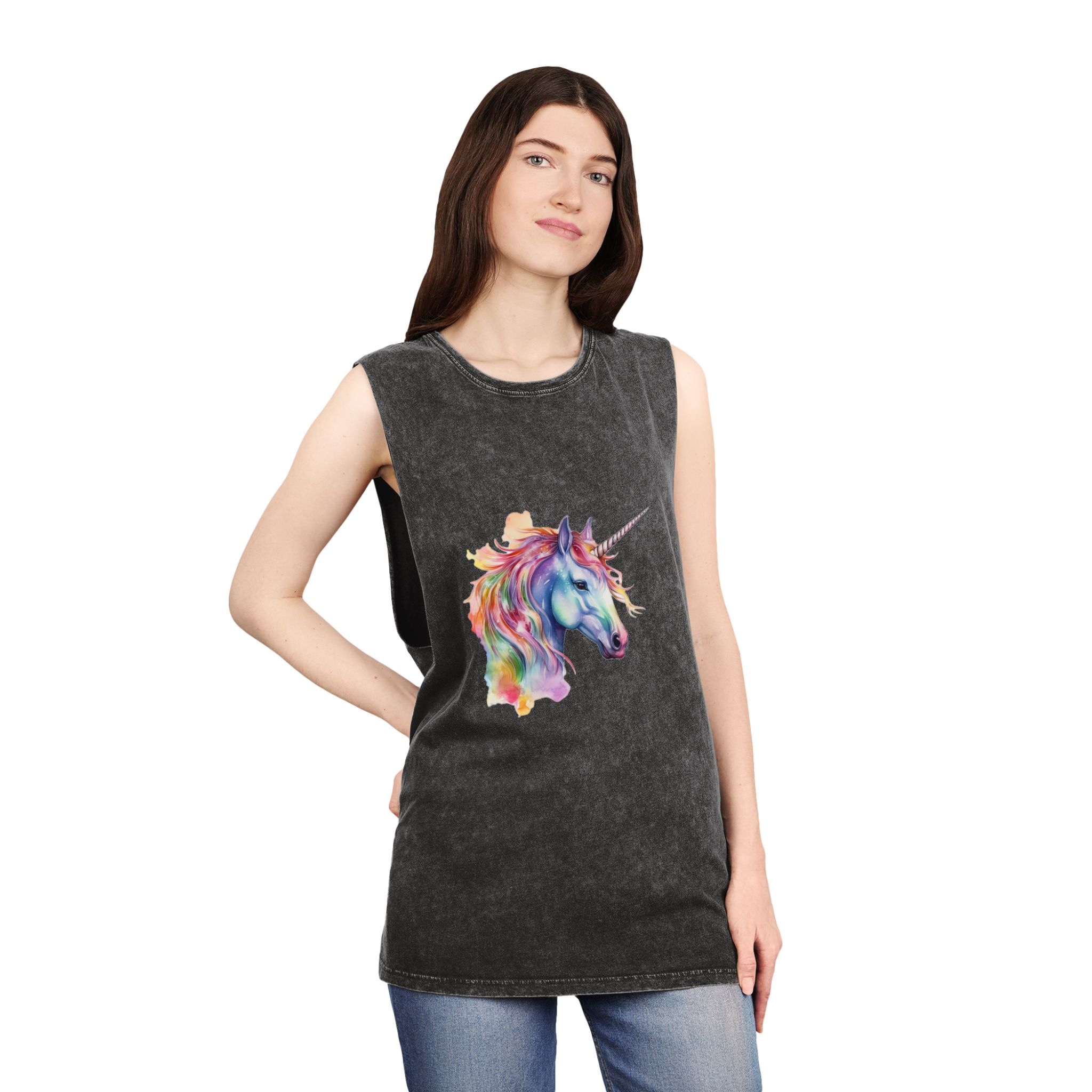 Unicorn Portrait Watercolor Illustration Rainbow Animal Watercolor Character Isolated White Unisex Stonewash Tank Top - Image 4
