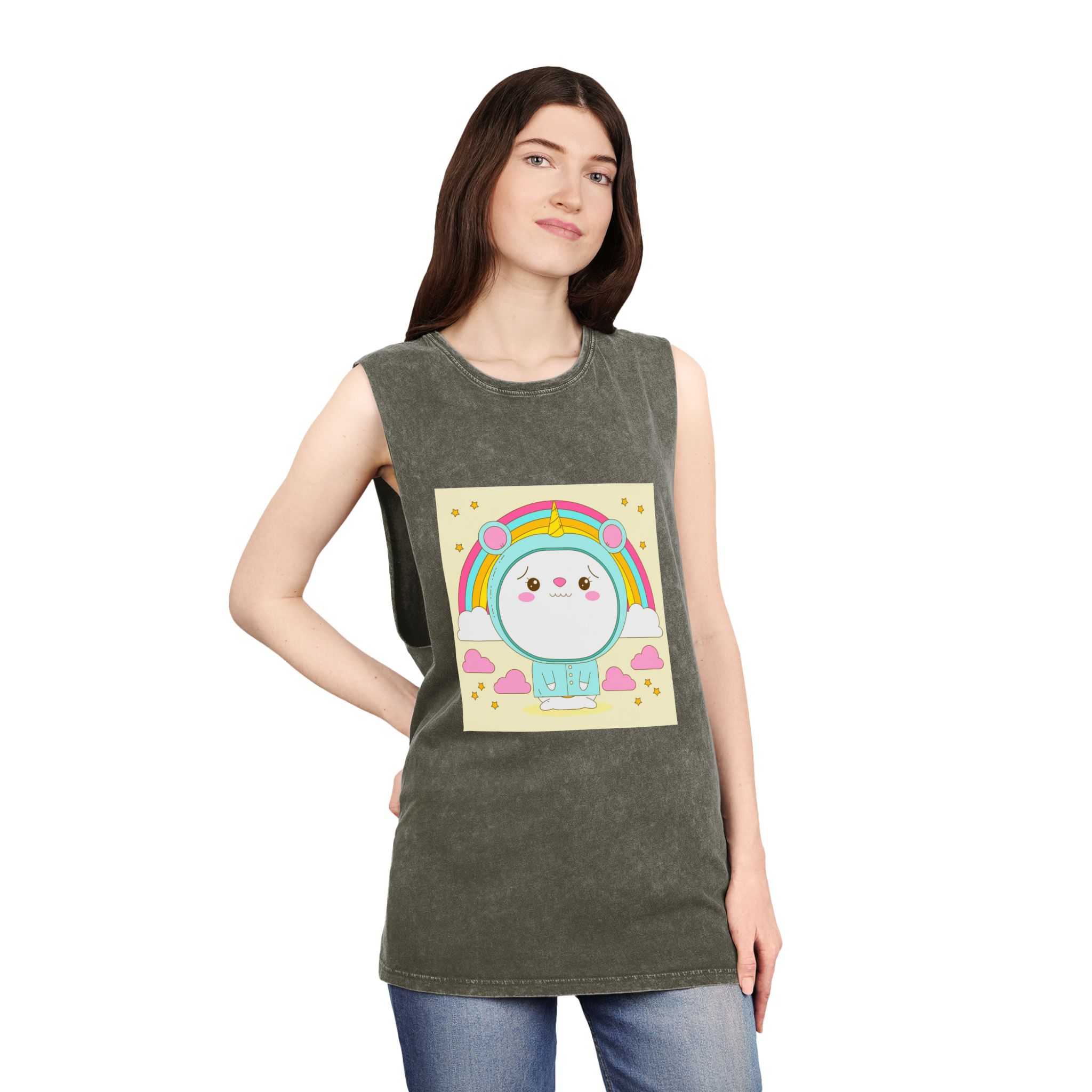 Hand Drawn Kawaii Animal Unisex Stonewash Tank Top - Image 8