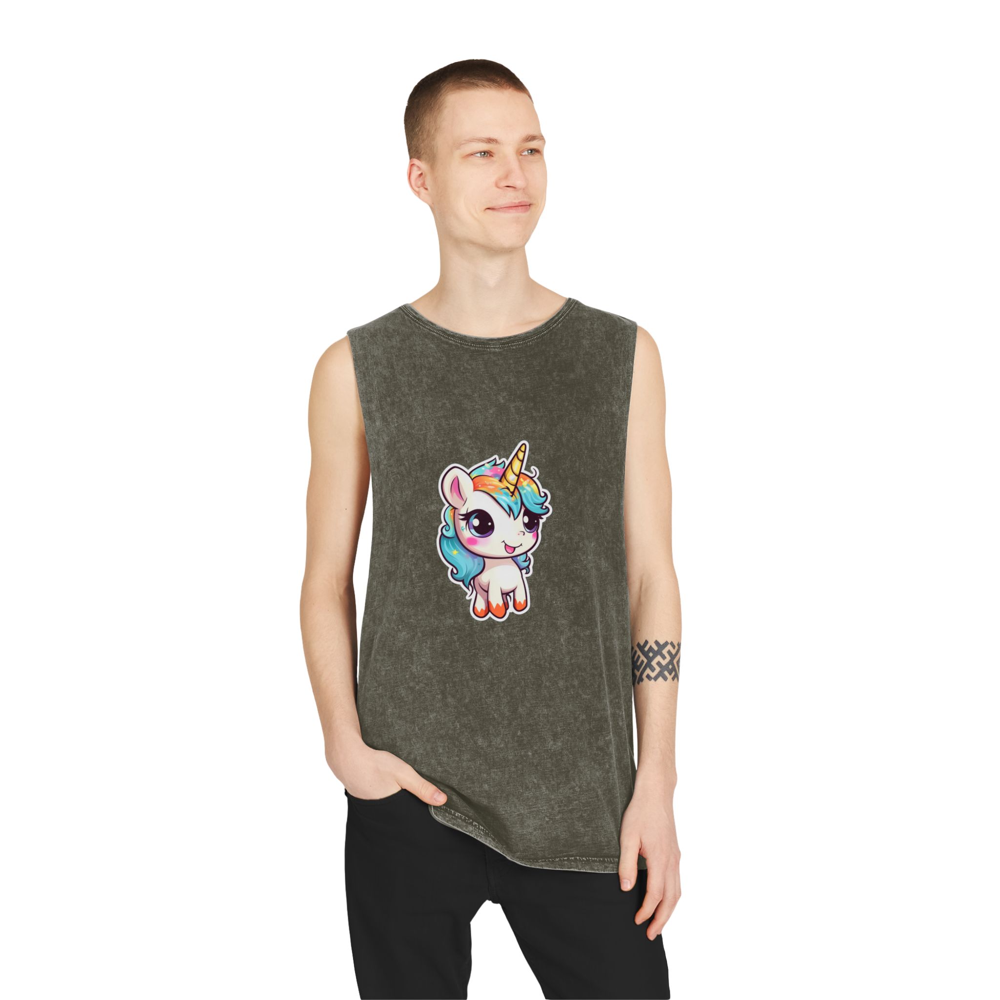 Sticker Unicorn With Rainbow Mane Blue Eyes Unisex Stonewash Tank Top - Image 7