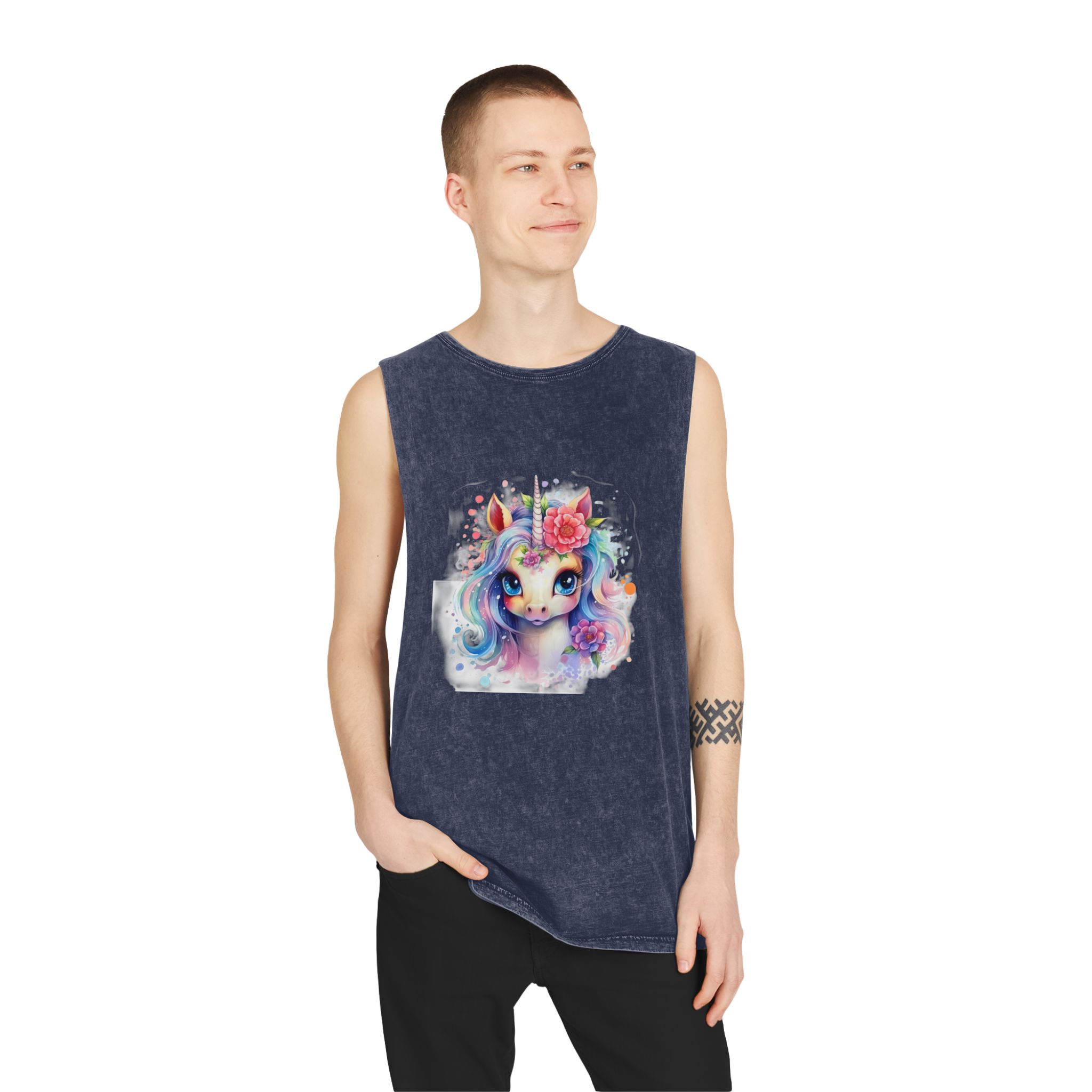 Cute Colorful Magic Unicorn With Flowers Watercolor Style (8) Copia Unisex Stonewash Tank Top - Image 15