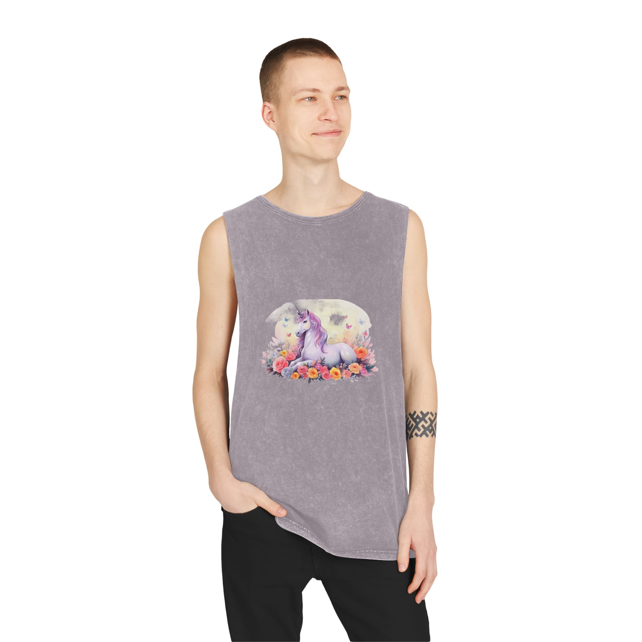 Illustration Little Unicorn Sits With Flowers Unisex Stonewash Tank Top - Image 19
