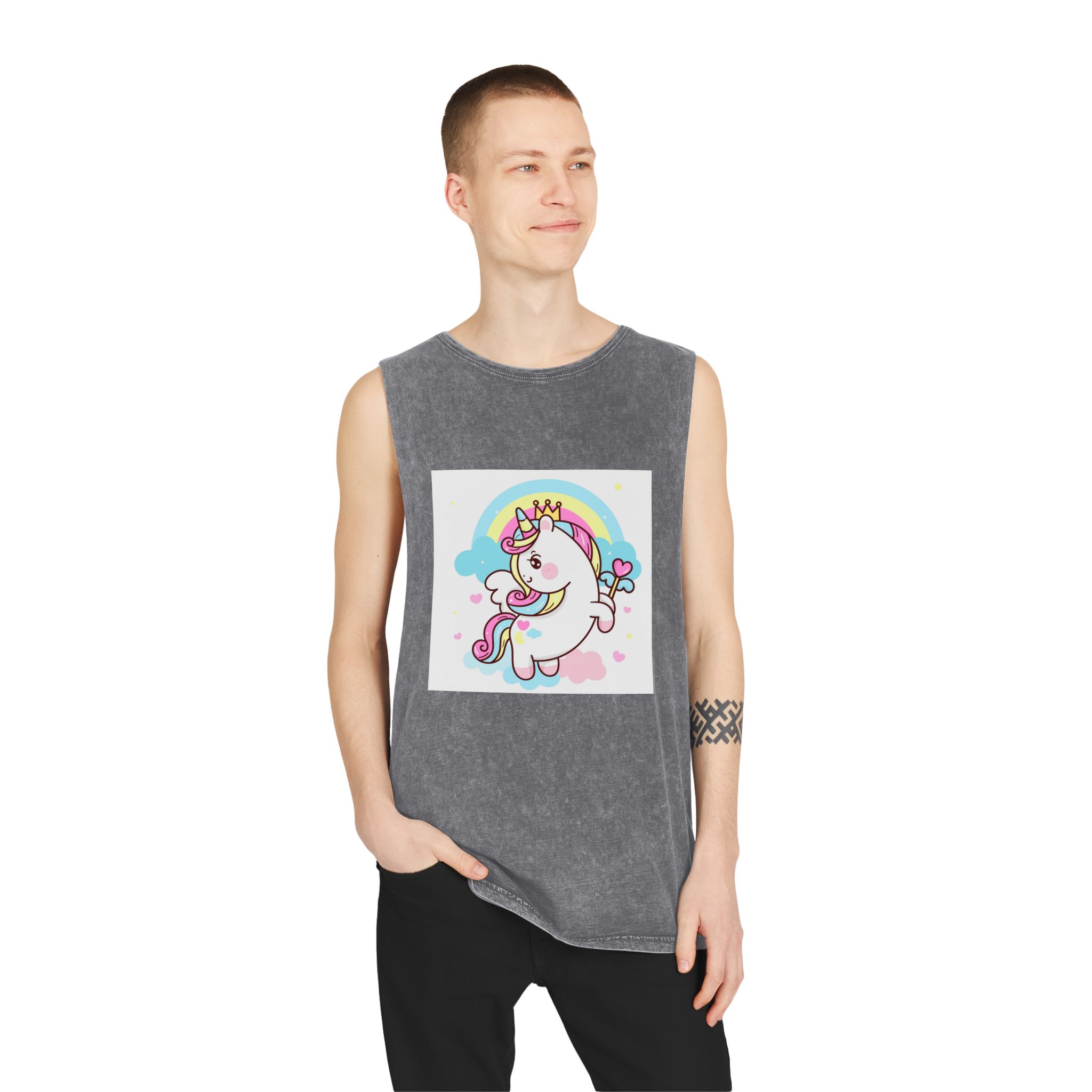 Cute Unicorn Vector Princess Pegasus Holding Heart Magic Wand On Pastel Sky With Sweet Cloud and Heart Pony Cartoon Kawaii Animals Background Unisex Stonewash Tank Top - Image 11