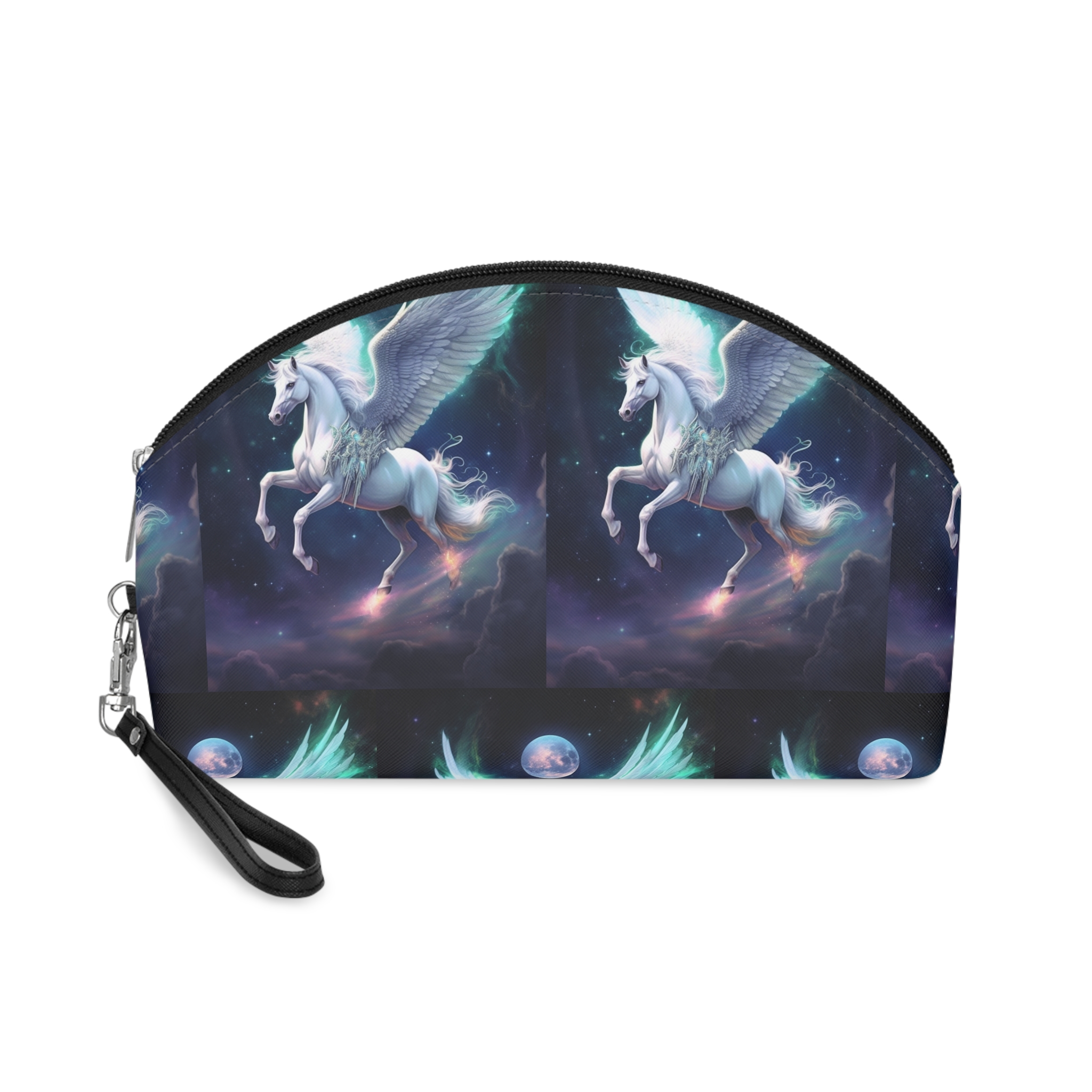 Unicorn With Wings Flying Sky With Full Moon Background Generative Ai Makeup Bag