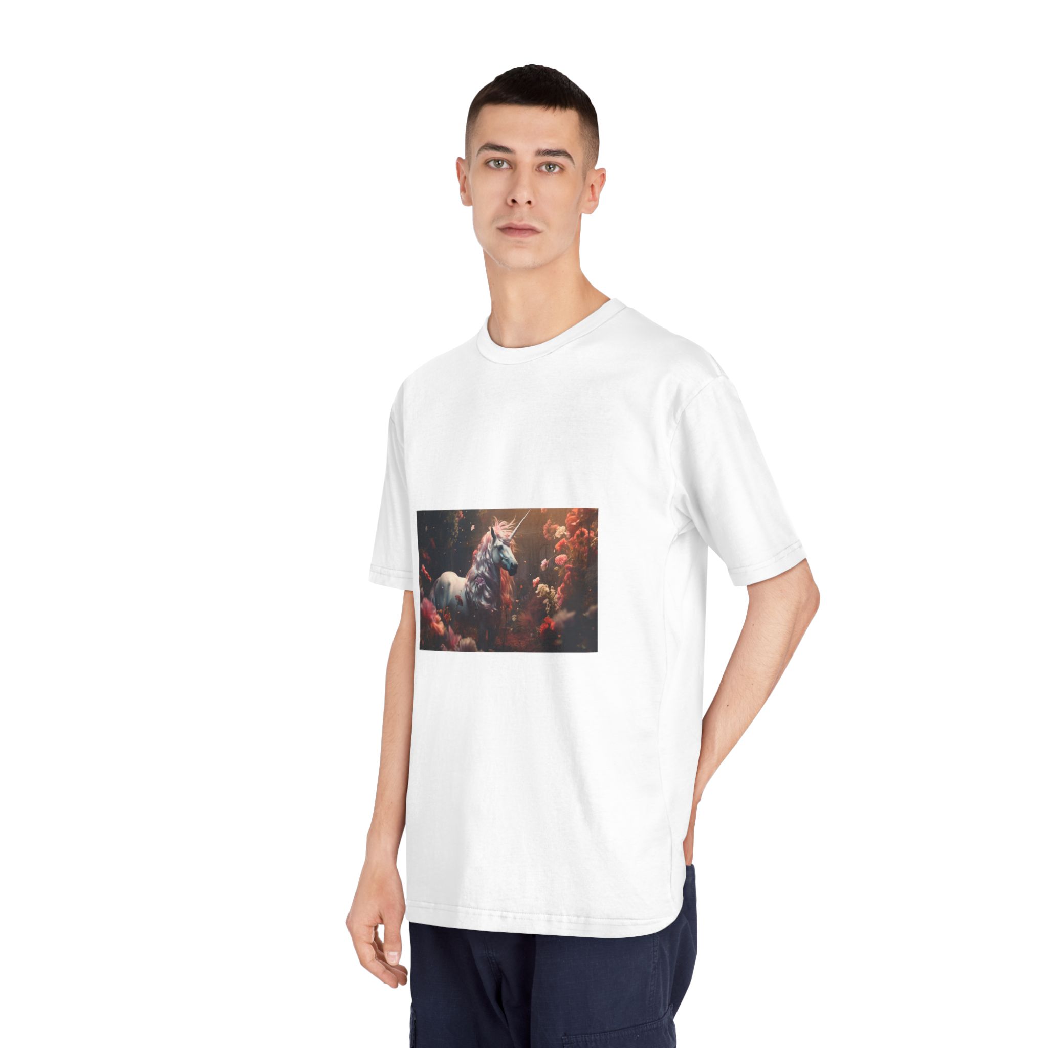 Unicorn With Long Mane Standing Field Flowers Generative Ai Unisex Classic Crewneck T Shirt - Image 4