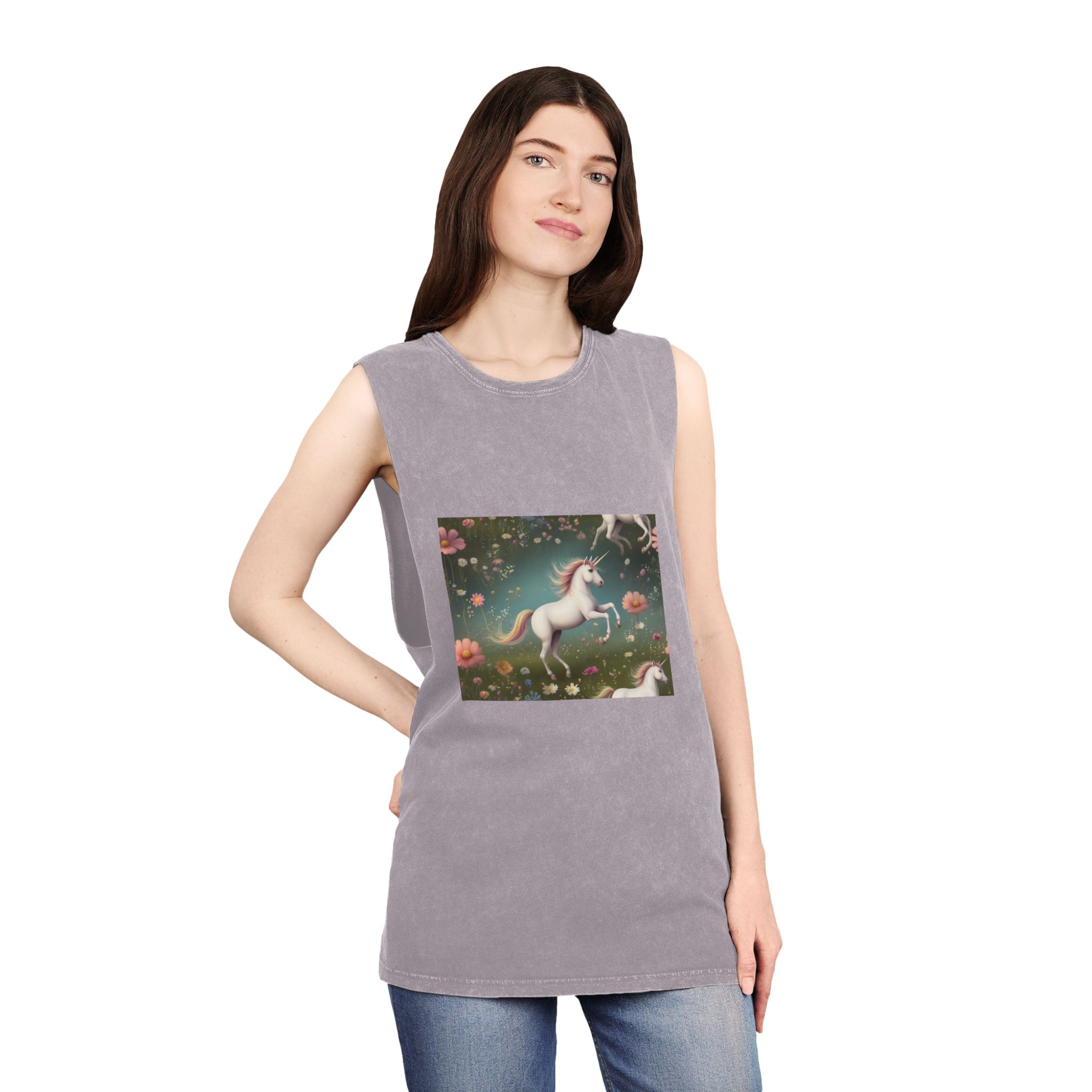 Beautiful Unicorn Running Magical Meadow Unicorn Background Images Whimsical Unicorn (13) Unisex Stonewash Tank Top - Image 20