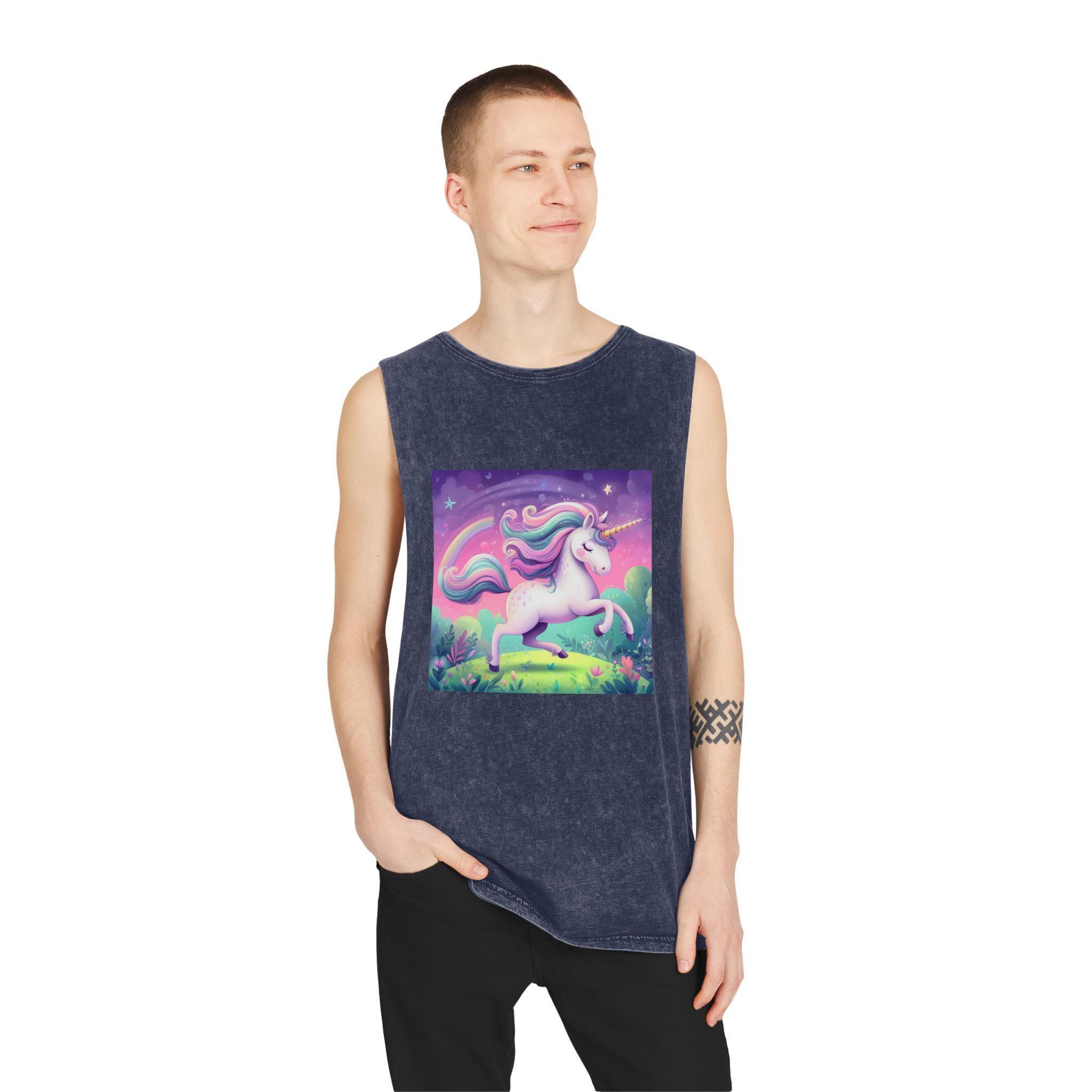 Beautiful Unicorn Running Magical Meadow Unicorn Background Images Whimsical Unicorn (12) Unisex Stonewash Tank Top - Image 15
