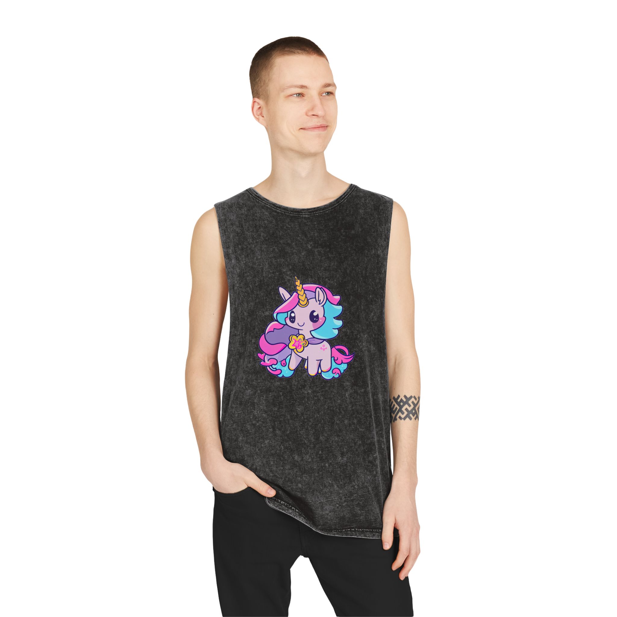 There Is Cartoon Unicorn With Heart Its Chest Generative Ai Unisex Stonewash Tank Top - Image 3