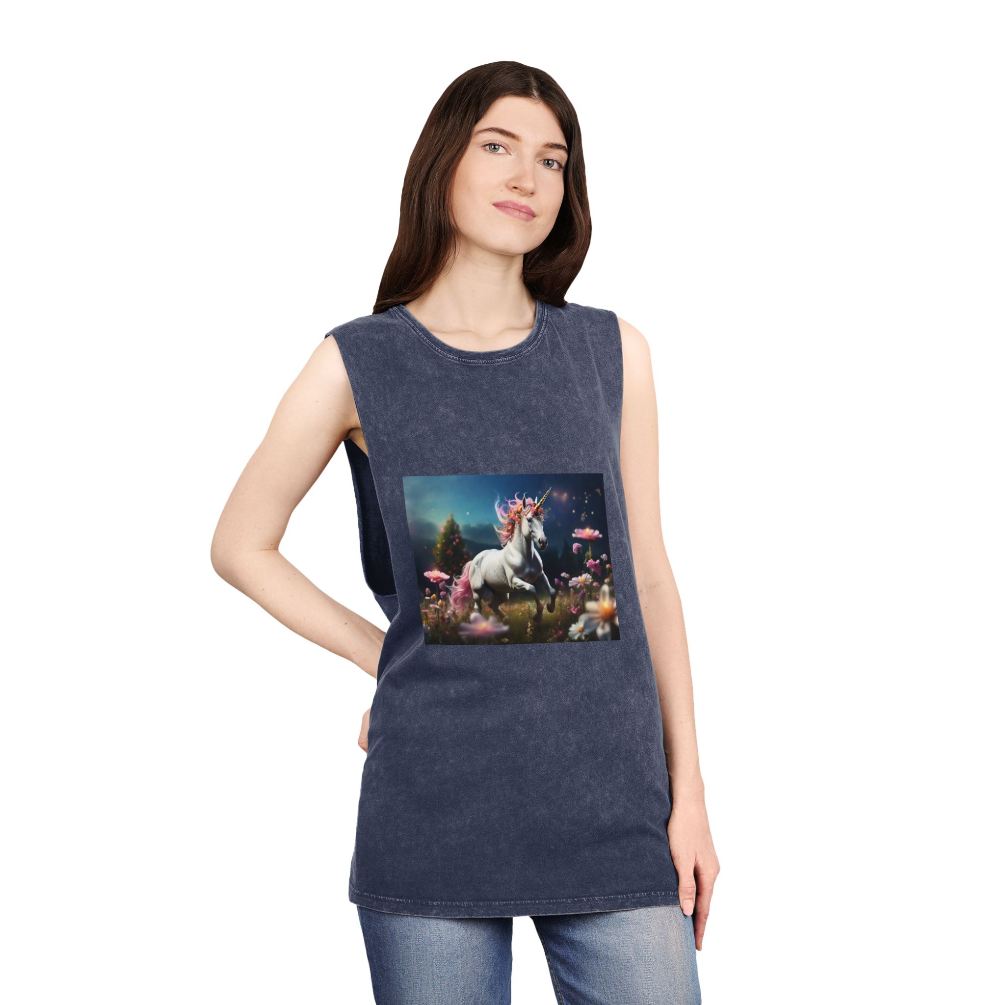 Beautiful Unicorn Running Magical Meadow Unicorn Background Images Whimsical Unicorn (23) Unisex Stonewash Tank Top - Image 16