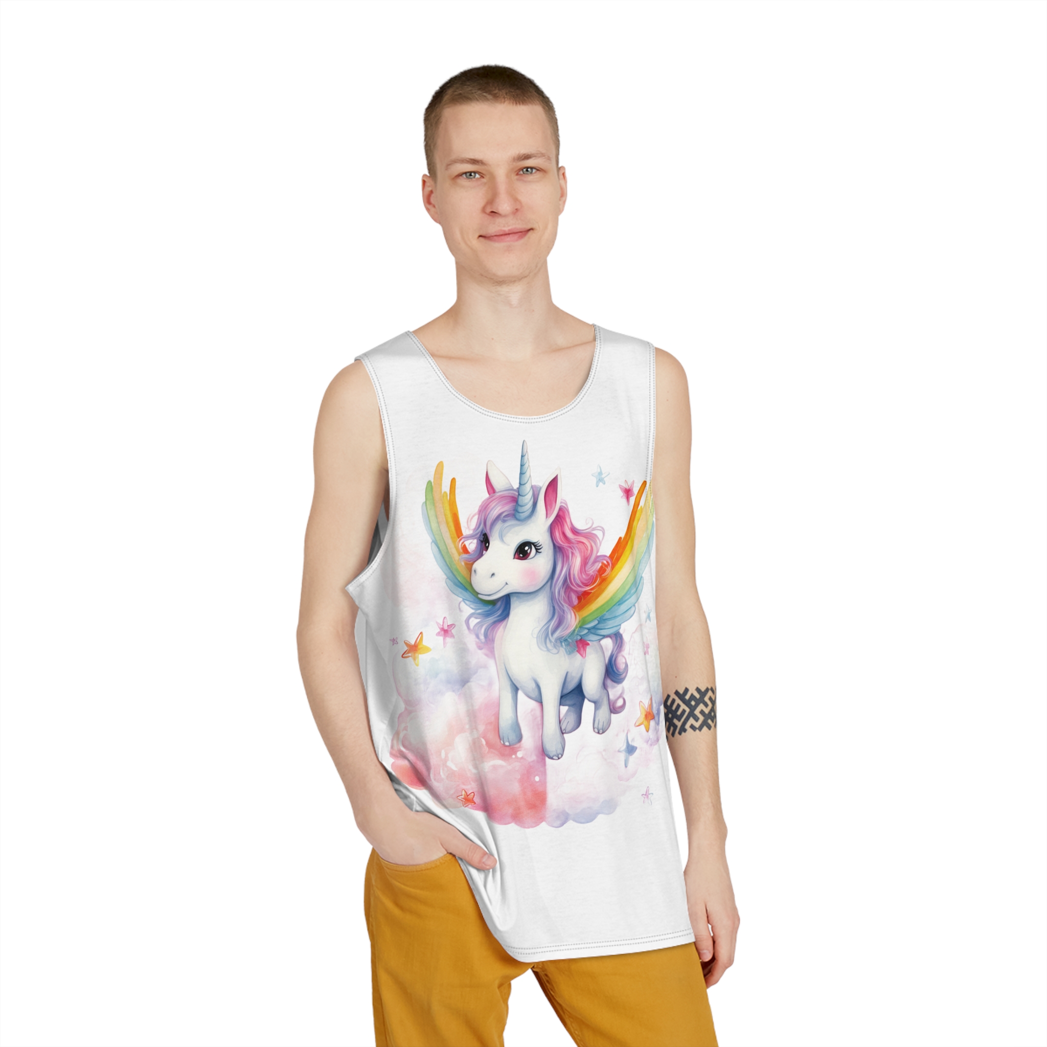 There Is Unicorn With Rainbow Mane Wings Cloud Generative Ai Mens Tank Aop - Image 3