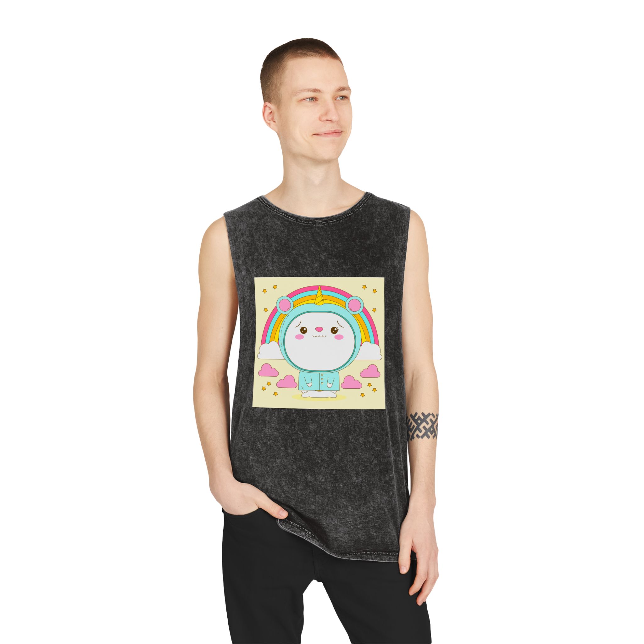 Hand Drawn Kawaii Animal Unisex Stonewash Tank Top - Image 3