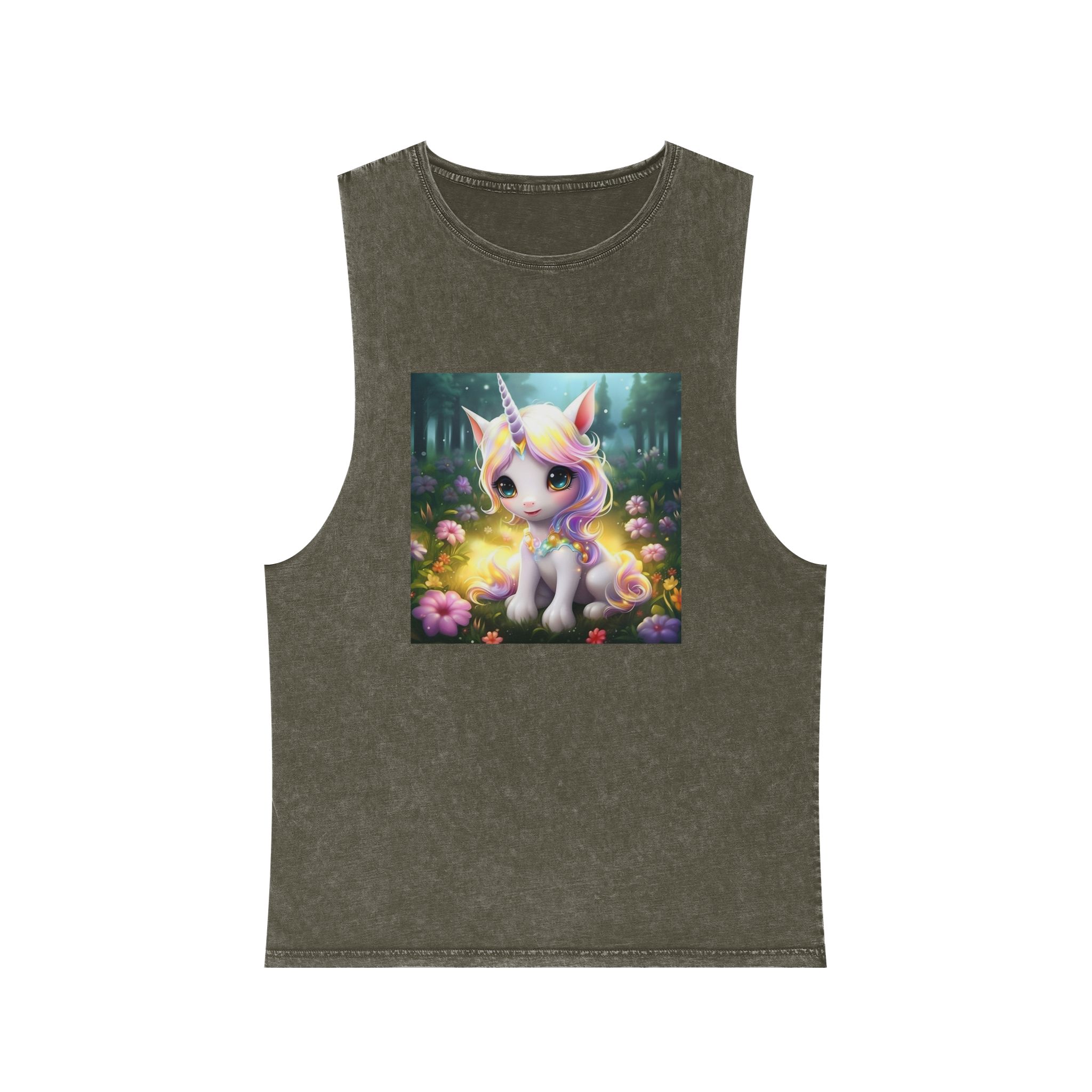 Unicorn Sitting Grass With Flowers Trees Background Generative Ai Unisex Stonewash Tank Top - Image 5