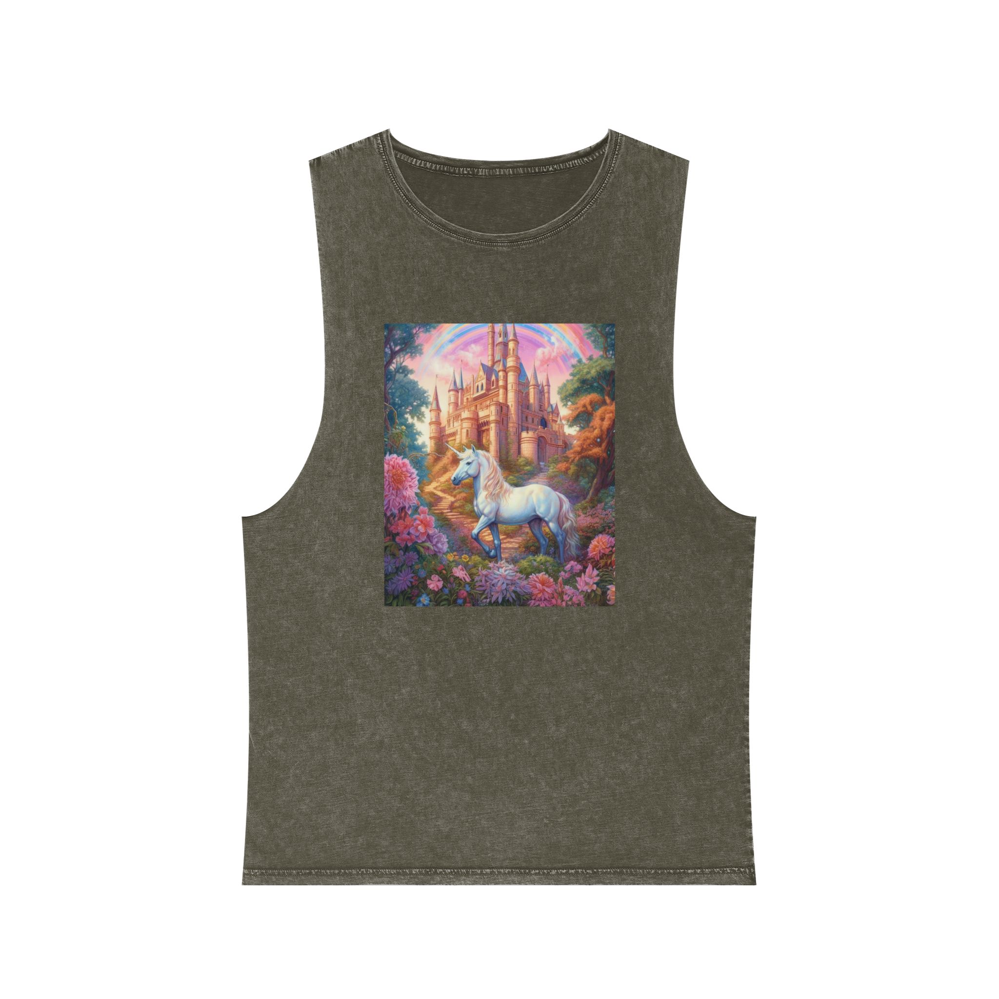 Painting Unicorn Front Castle With Rainbow Generative Ai Unisex Stonewash Tank Top - Image 5