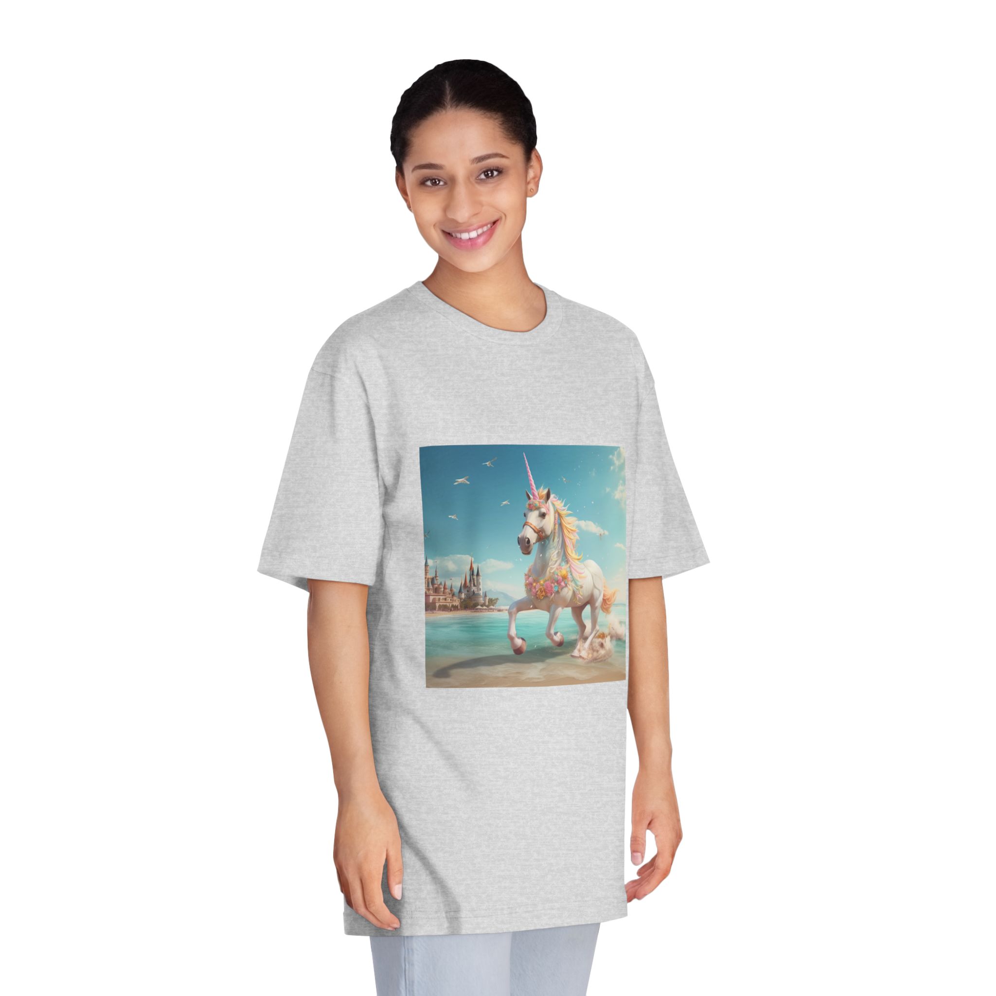 There Is Unicorn Running Beach With Castle Background Generative Ai Unisex Classic Crewneck T Shirt - Image 15