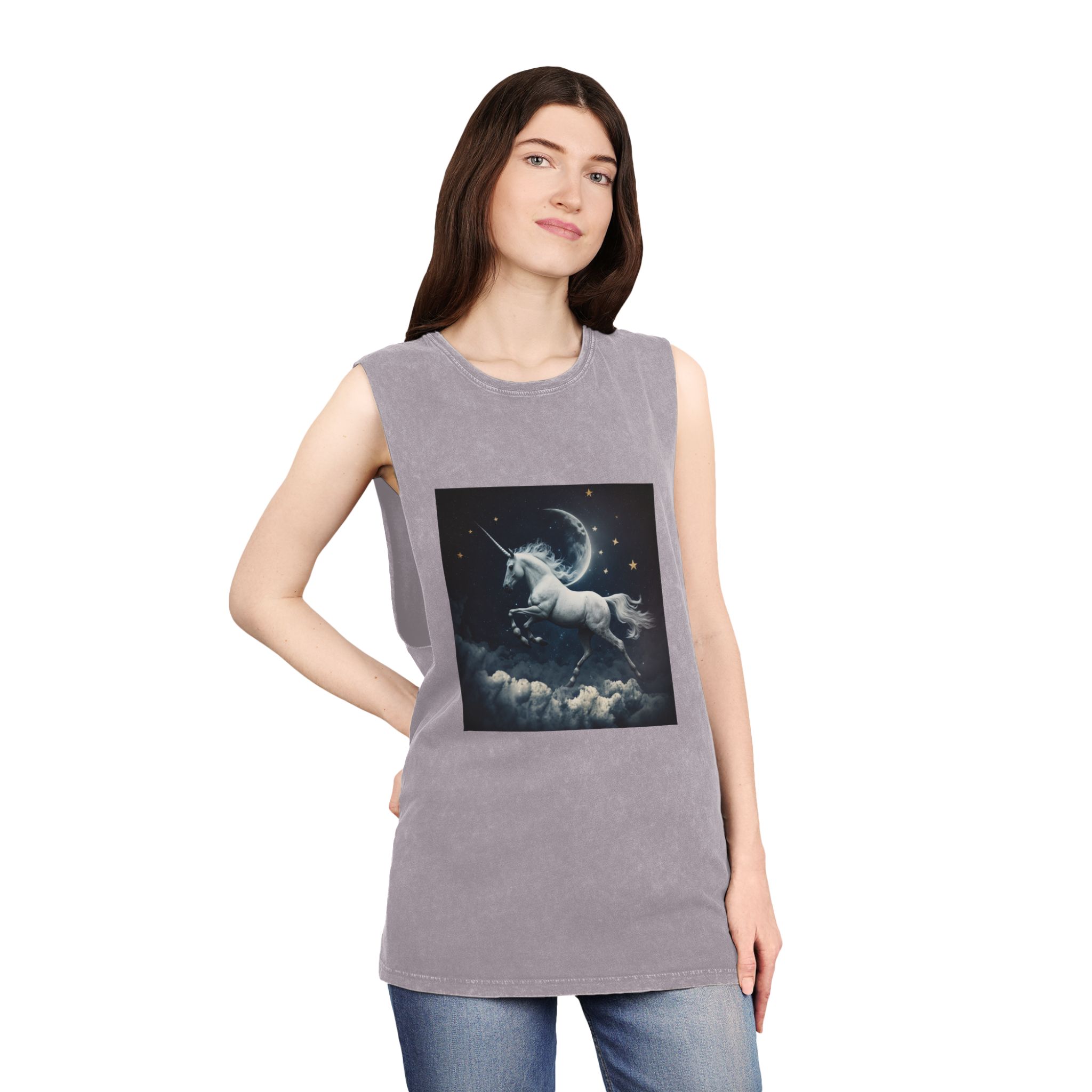 Unicorn Clouds With Full Moon Background Generative Ai Unisex Stonewash Tank Top - Image 20