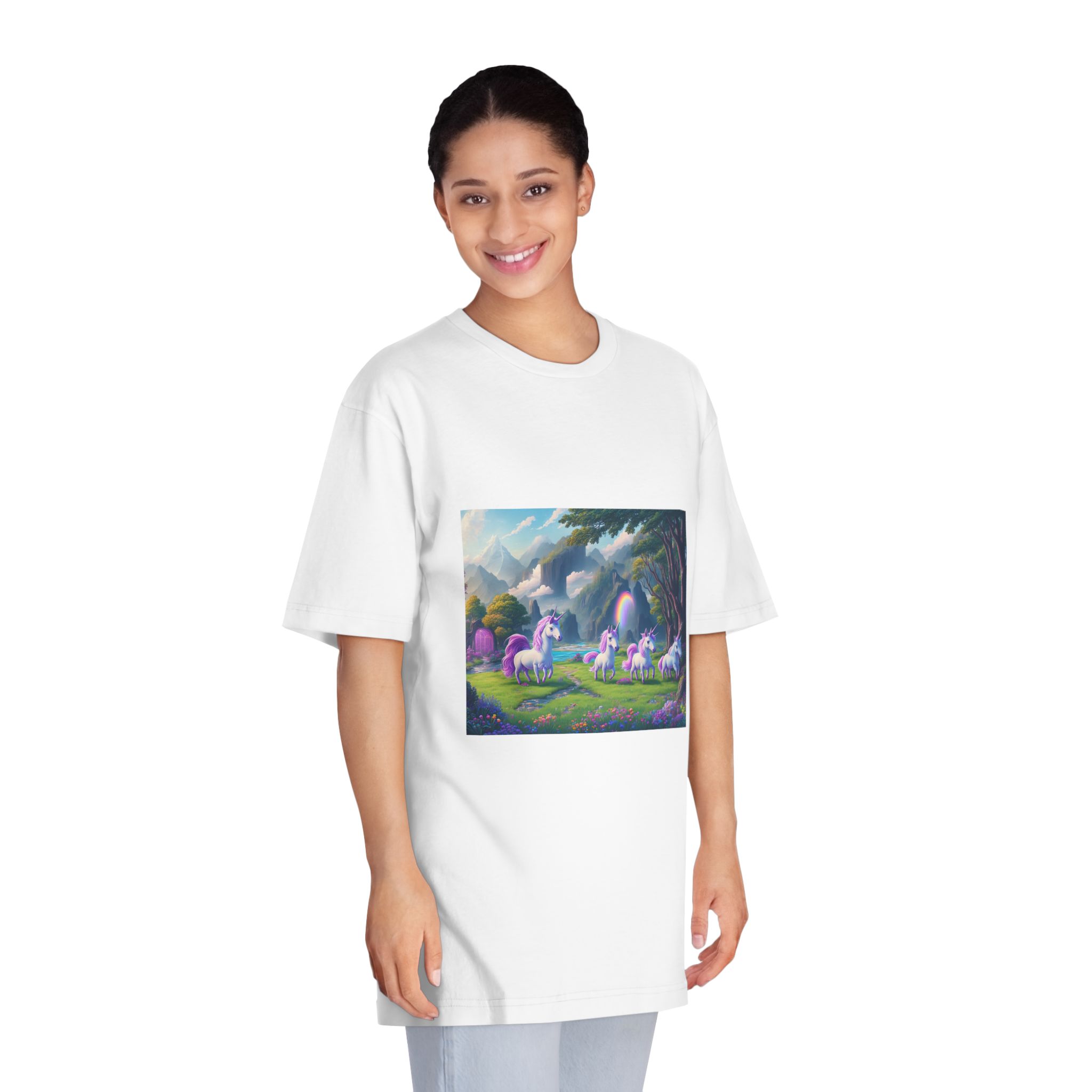 Painting Group Unicorns Landscape With Mountains Background Unisex Classic Crewneck T Shirt - Image 3