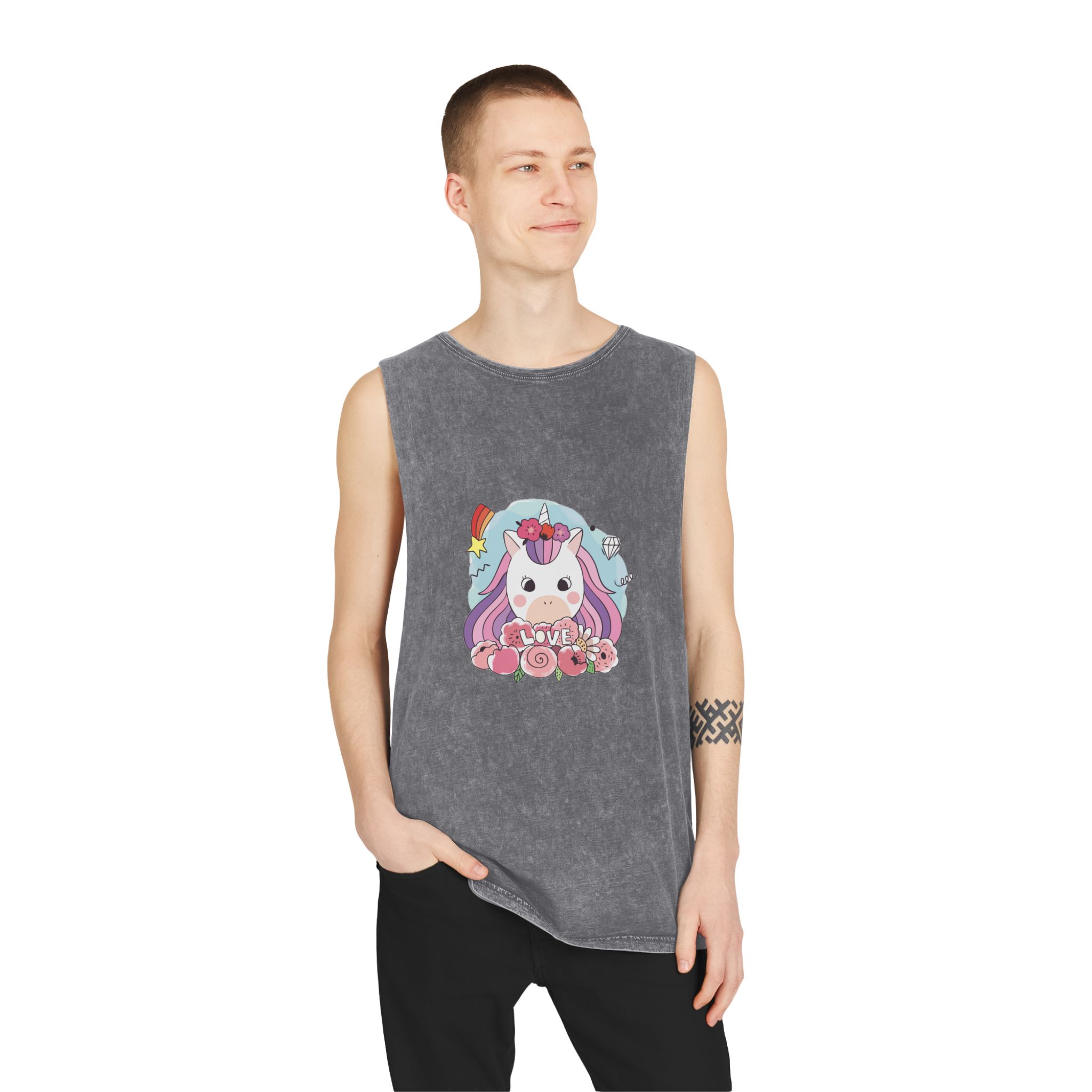 Cartoon Cute Sweet Unicorns Flower Unisex Stonewash Tank Top - Image 11