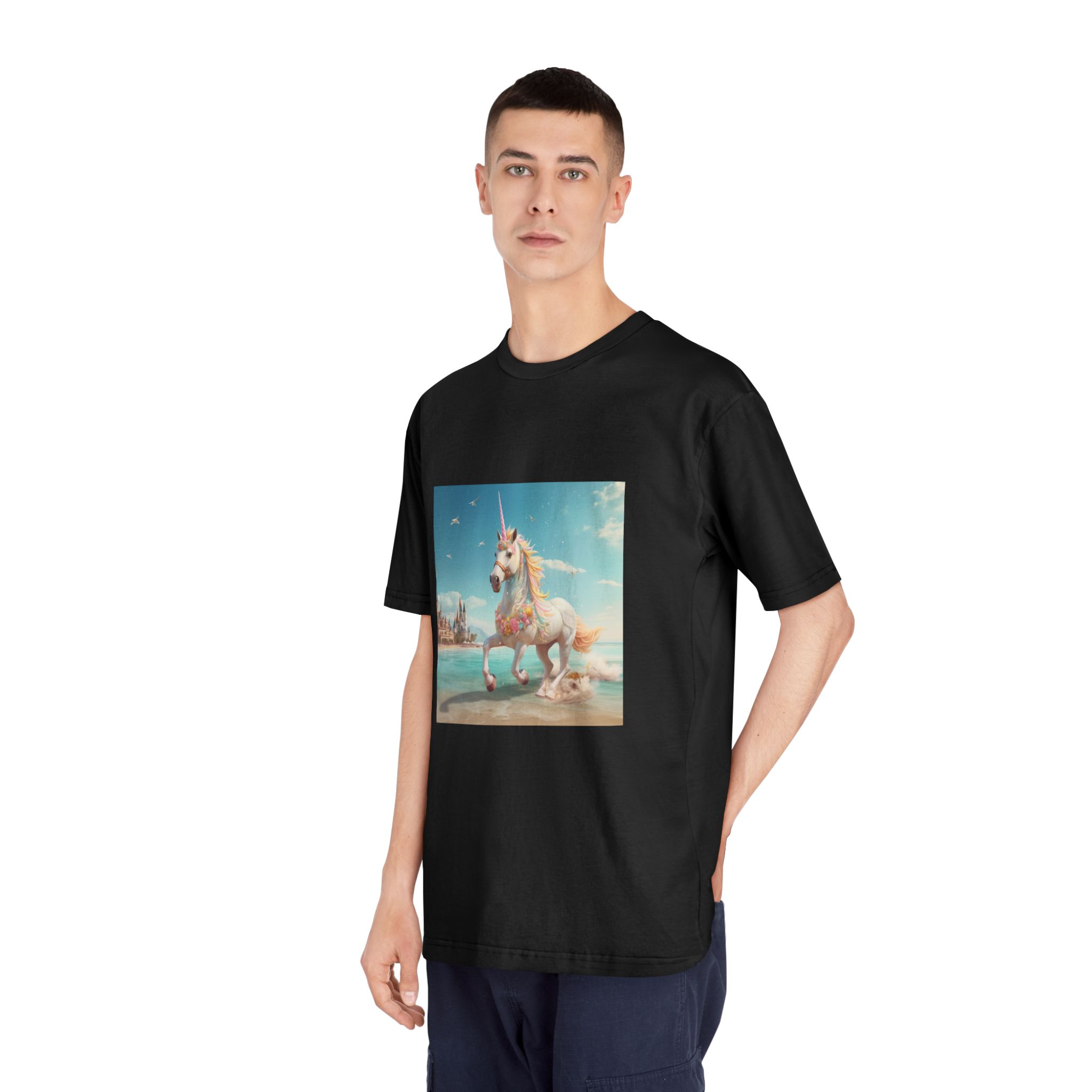 There Is Unicorn Running Beach With Castle Background Generative Ai Unisex Classic Crewneck T Shirt - Image 8